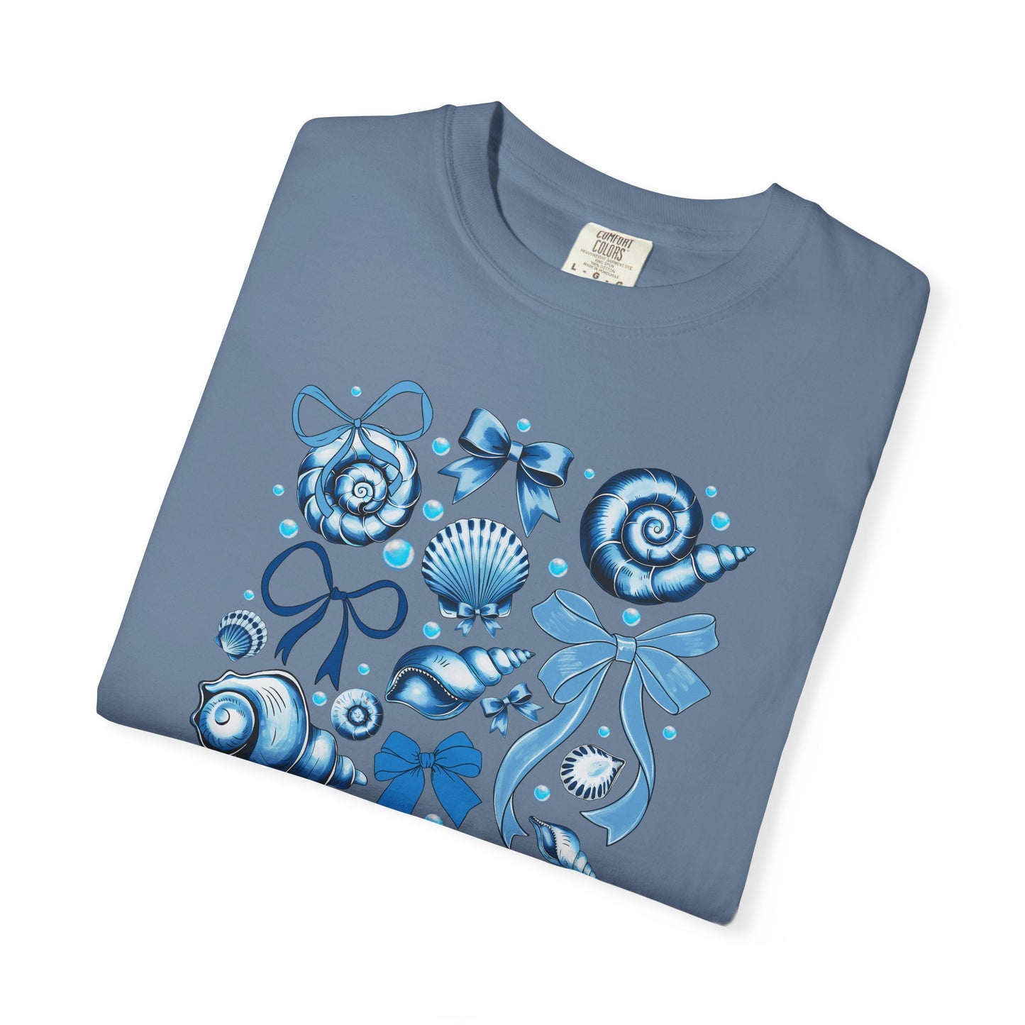 Blue Seashell and Ribbon Clipart Tshirt | Nautical Bow and Shell Illustration | Ocean-Themed PNG Tshirt