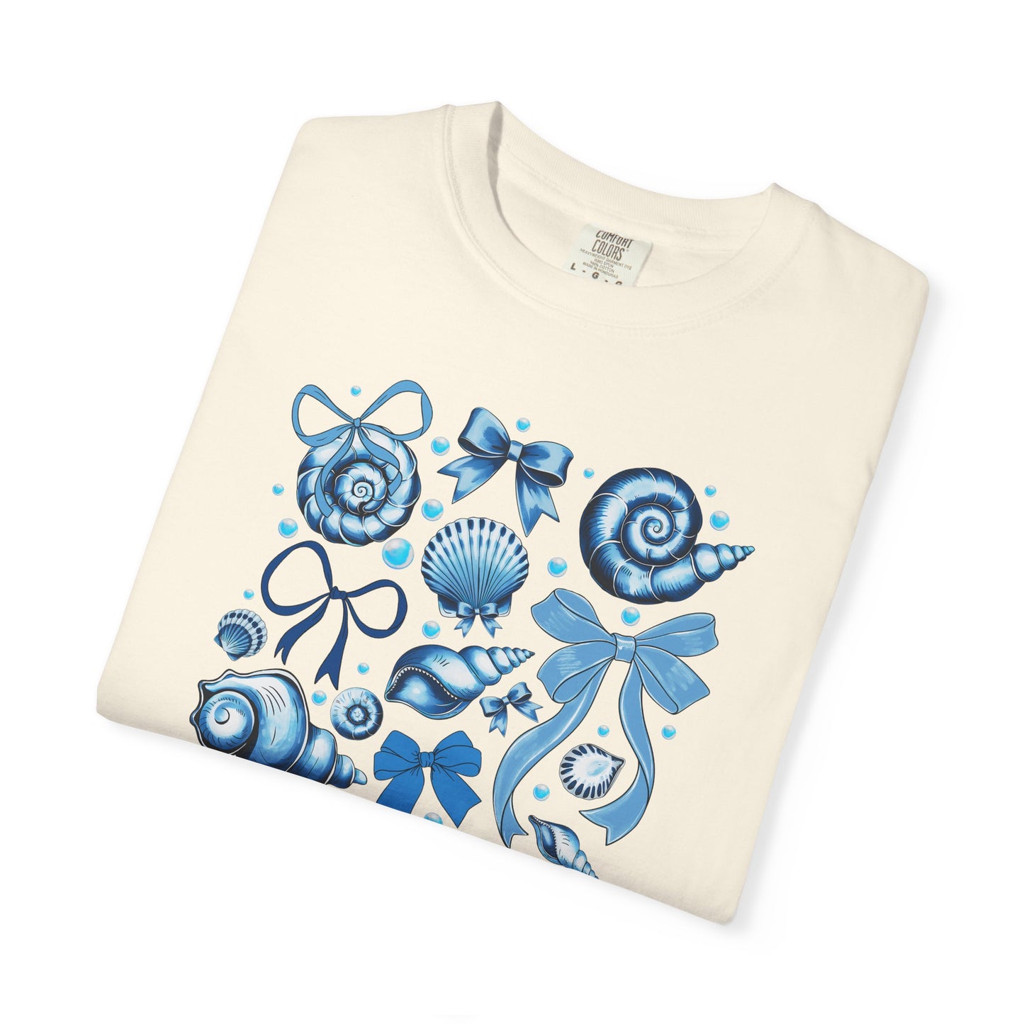 Blue Seashell and Ribbon Clipart Tshirt | Nautical Bow and Shell Illustration | Ocean-Themed PNG Tshirt