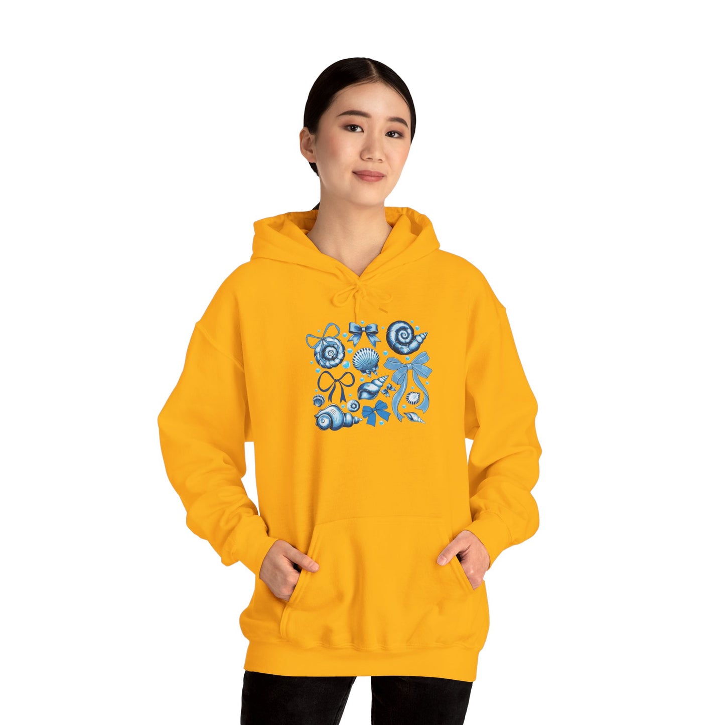 Blue Seashell and Ribbon Clipa Hoodie Art Nautical Bow and Shell Illustration | Ocean-Themed PNG Hoodie