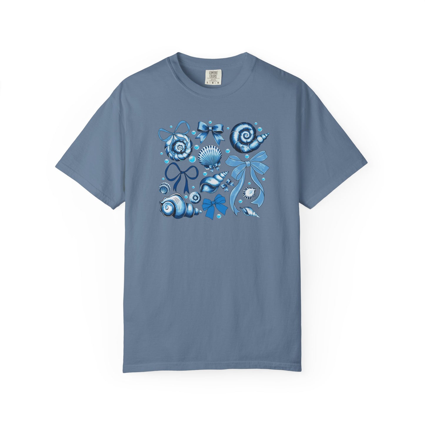 Blue Seashell and Ribbon Clipart Tshirt | Nautical Bow and Shell Illustration | Ocean-Themed PNG Tshirt