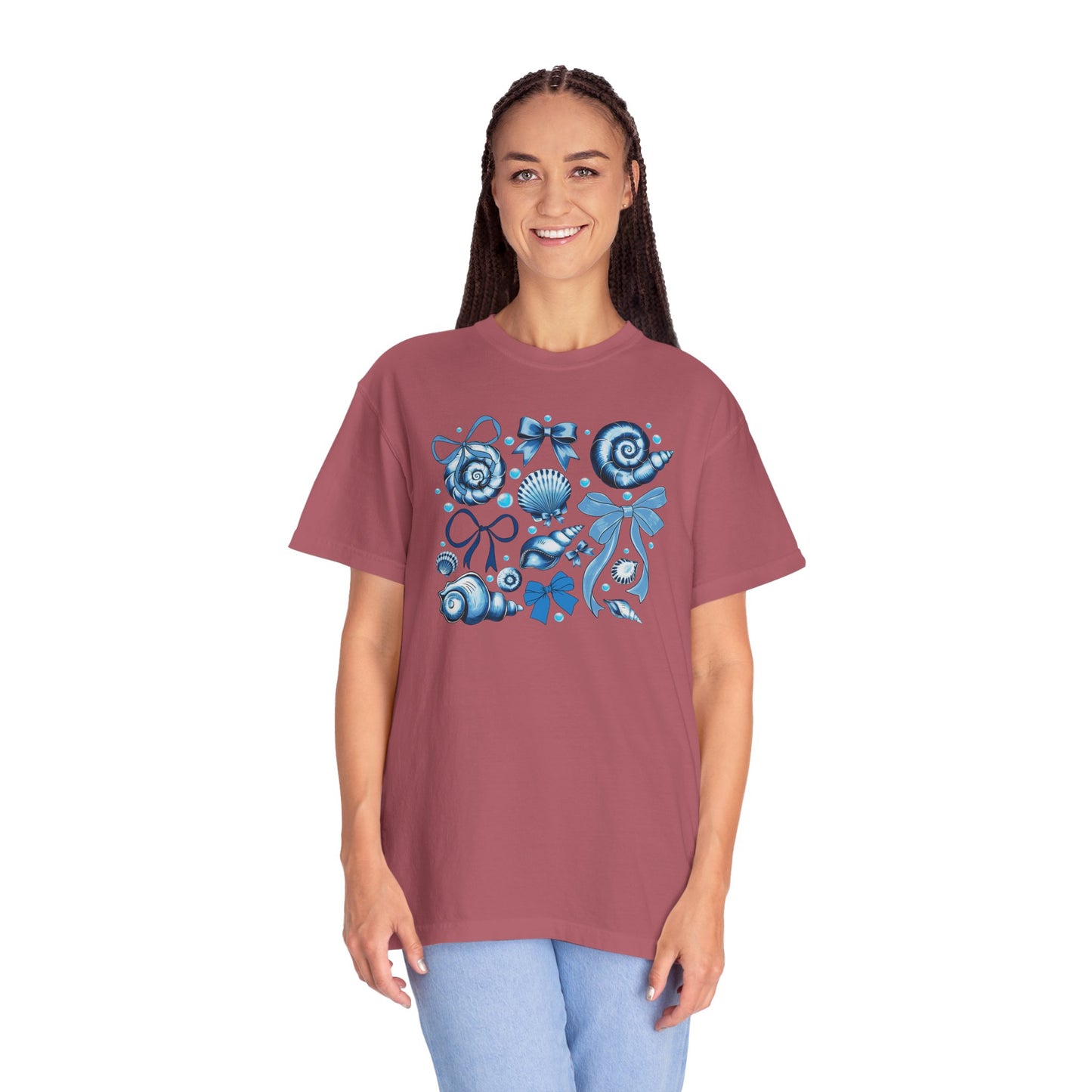 Blue Seashell and Ribbon Clipart Tshirt | Nautical Bow and Shell Illustration | Ocean-Themed PNG Tshirt