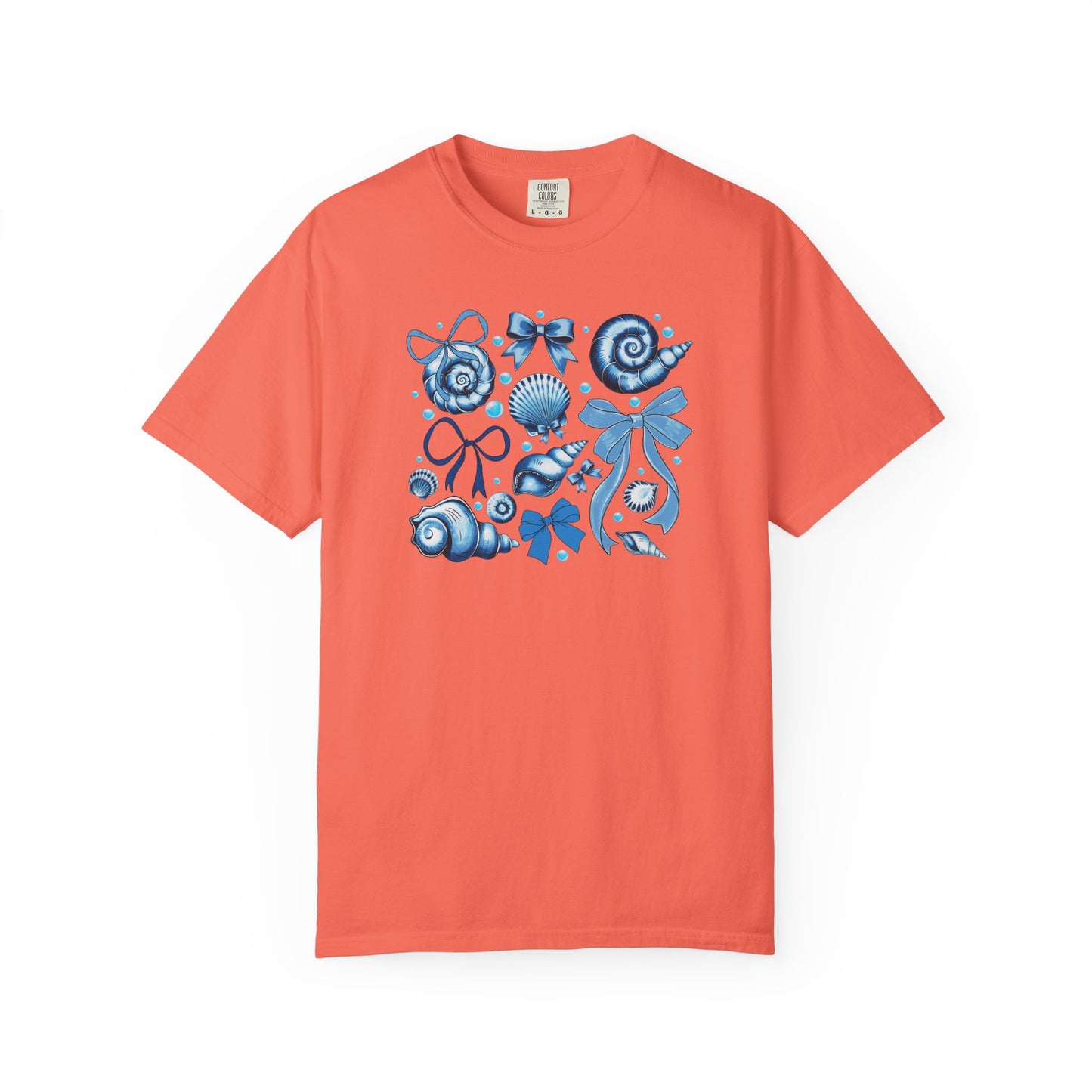 Blue Seashell and Ribbon Clipart Tshirt | Nautical Bow and Shell Illustration | Ocean-Themed PNG Tshirt