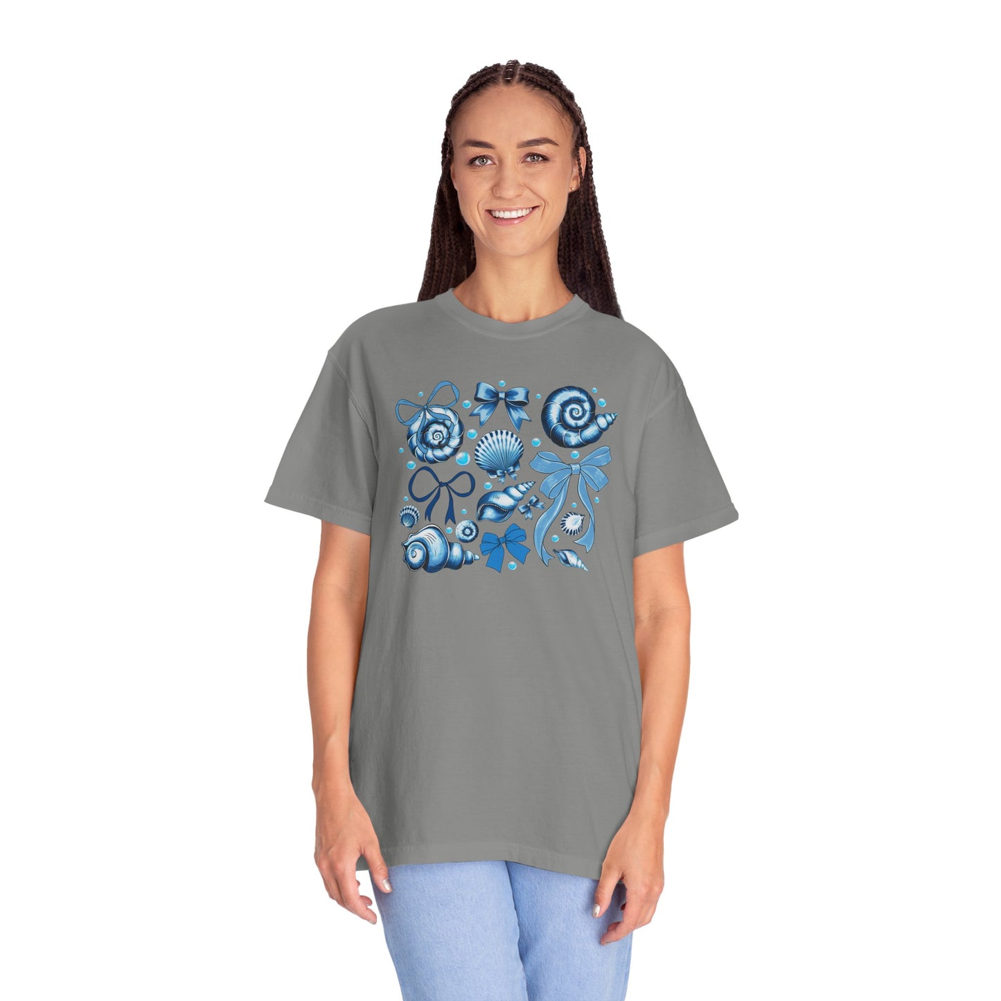 Blue Seashell and Ribbon Clipart Tshirt | Nautical Bow and Shell Illustration | Ocean-Themed PNG Tshirt