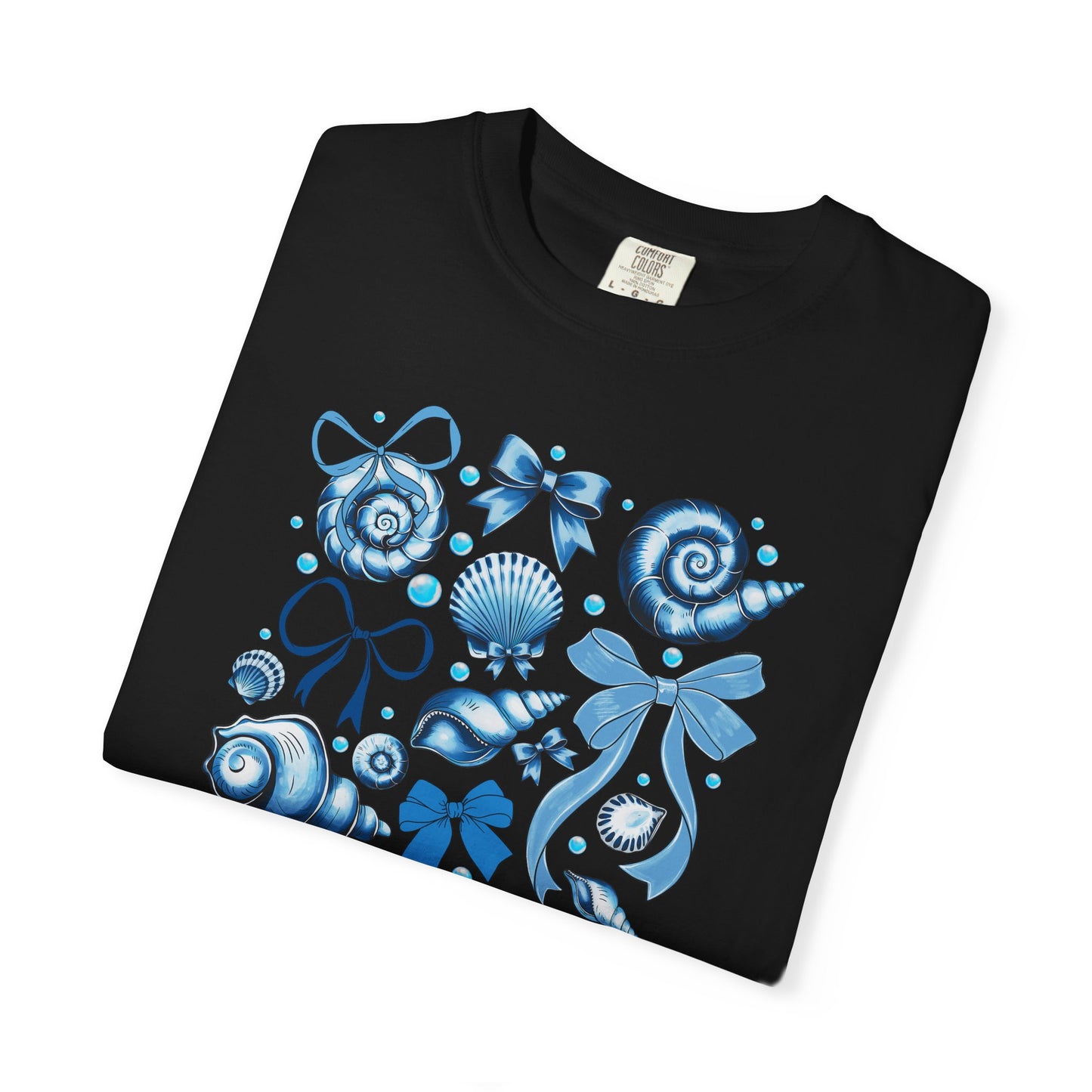 Blue Seashell and Ribbon Clipart Tshirt | Nautical Bow and Shell Illustration | Ocean-Themed PNG Tshirt