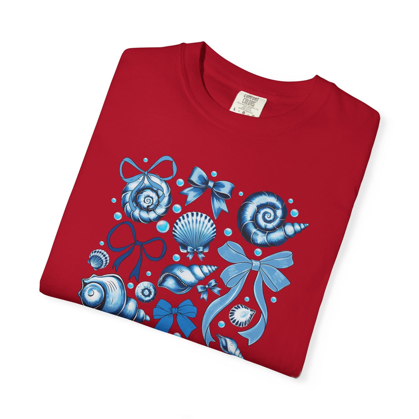 Blue Seashell and Ribbon Clipart Tshirt | Nautical Bow and Shell Illustration | Ocean-Themed PNG Tshirt