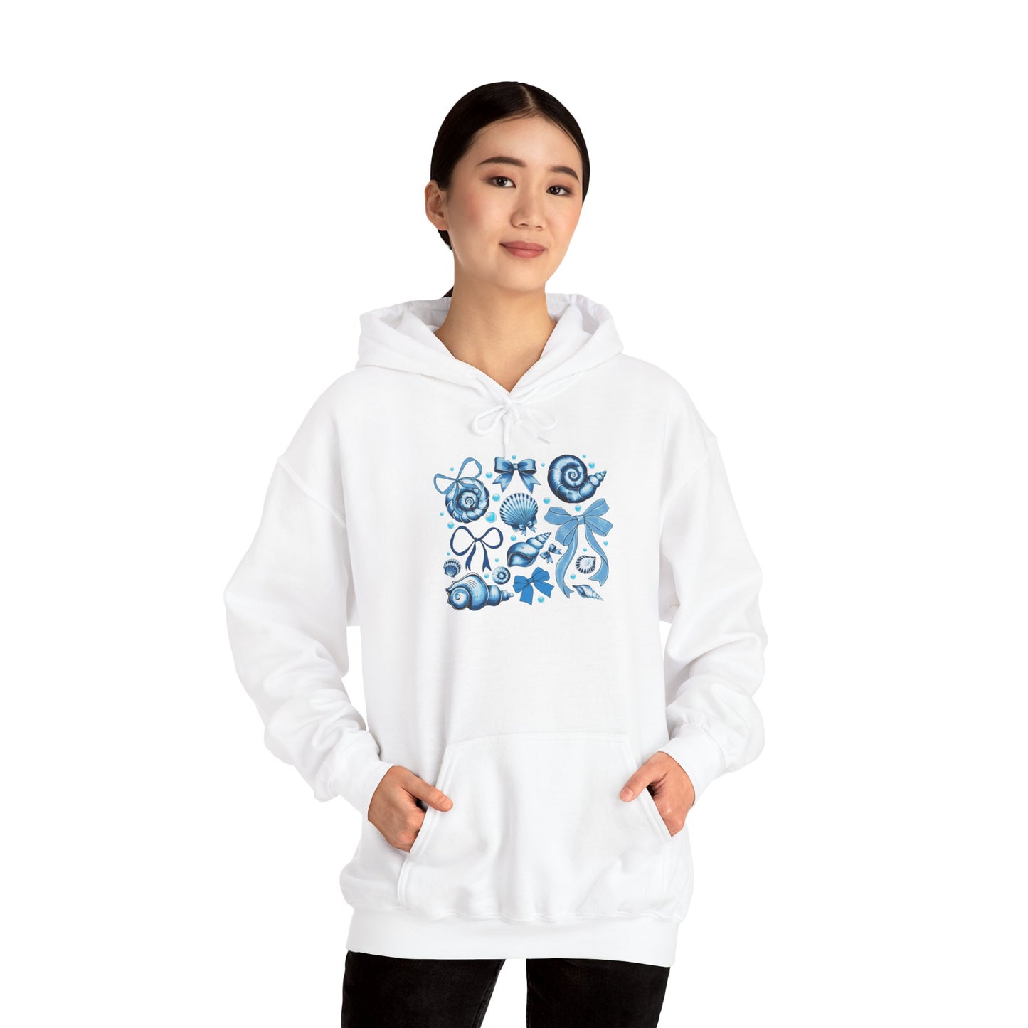 Blue Seashell and Ribbon Clipa Hoodie Art Nautical Bow and Shell Illustration | Ocean-Themed PNG Hoodie