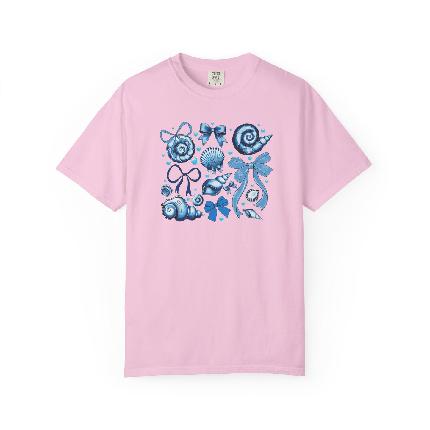 Blue Seashell and Ribbon Clipart Tshirt | Nautical Bow and Shell Illustration | Ocean-Themed PNG Tshirt