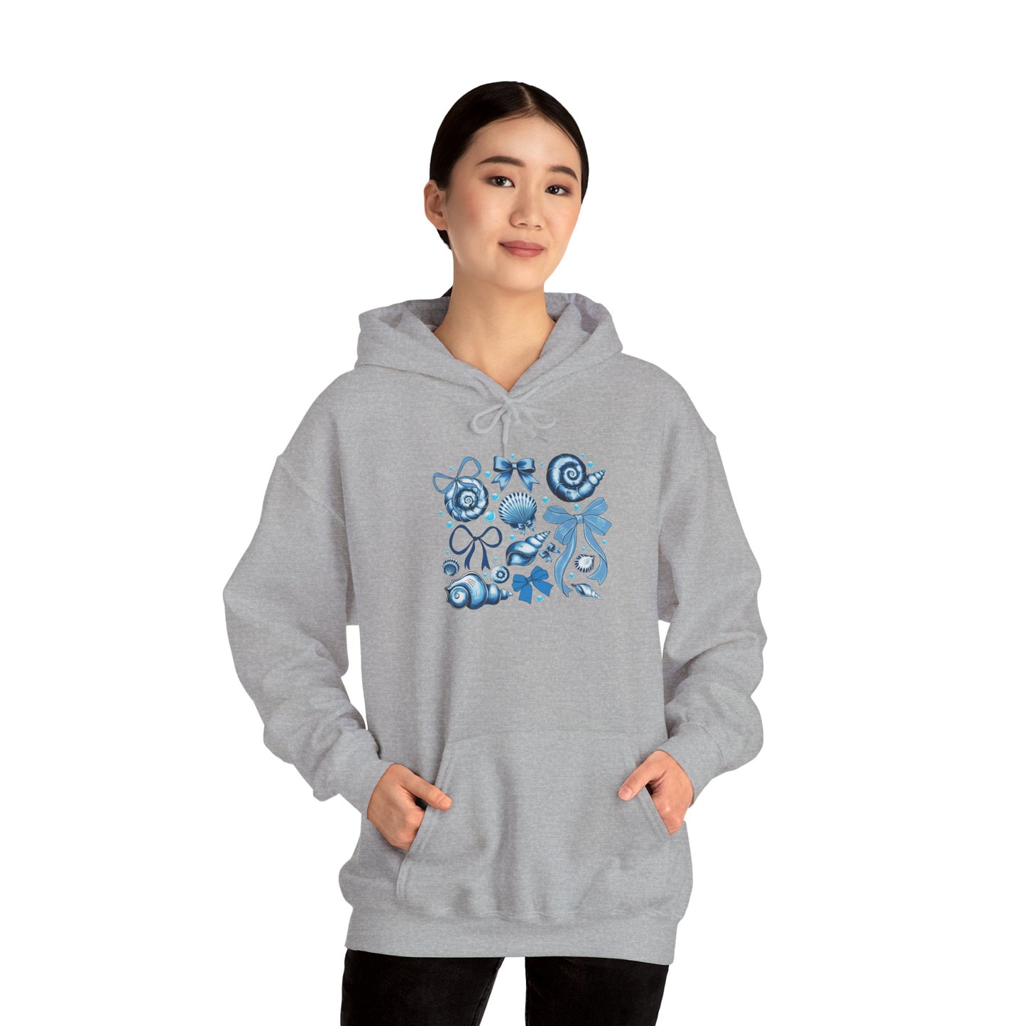 Blue Seashell and Ribbon Clipa Hoodie Art Nautical Bow and Shell Illustration | Ocean-Themed PNG Hoodie