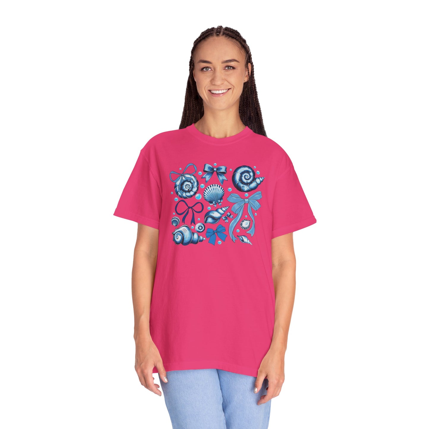 Blue Seashell and Ribbon Clipart Tshirt | Nautical Bow and Shell Illustration | Ocean-Themed PNG Tshirt