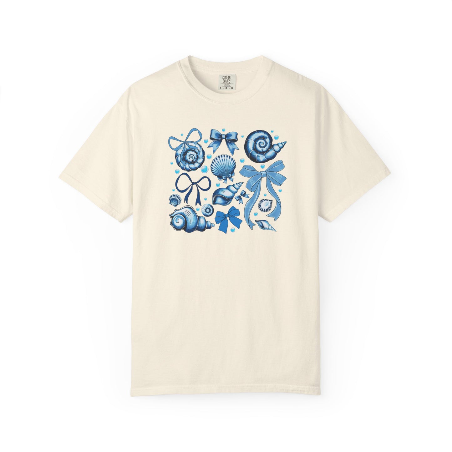 Blue Seashell and Ribbon Clipart Tshirt | Nautical Bow and Shell Illustration | Ocean-Themed PNG Tshirt