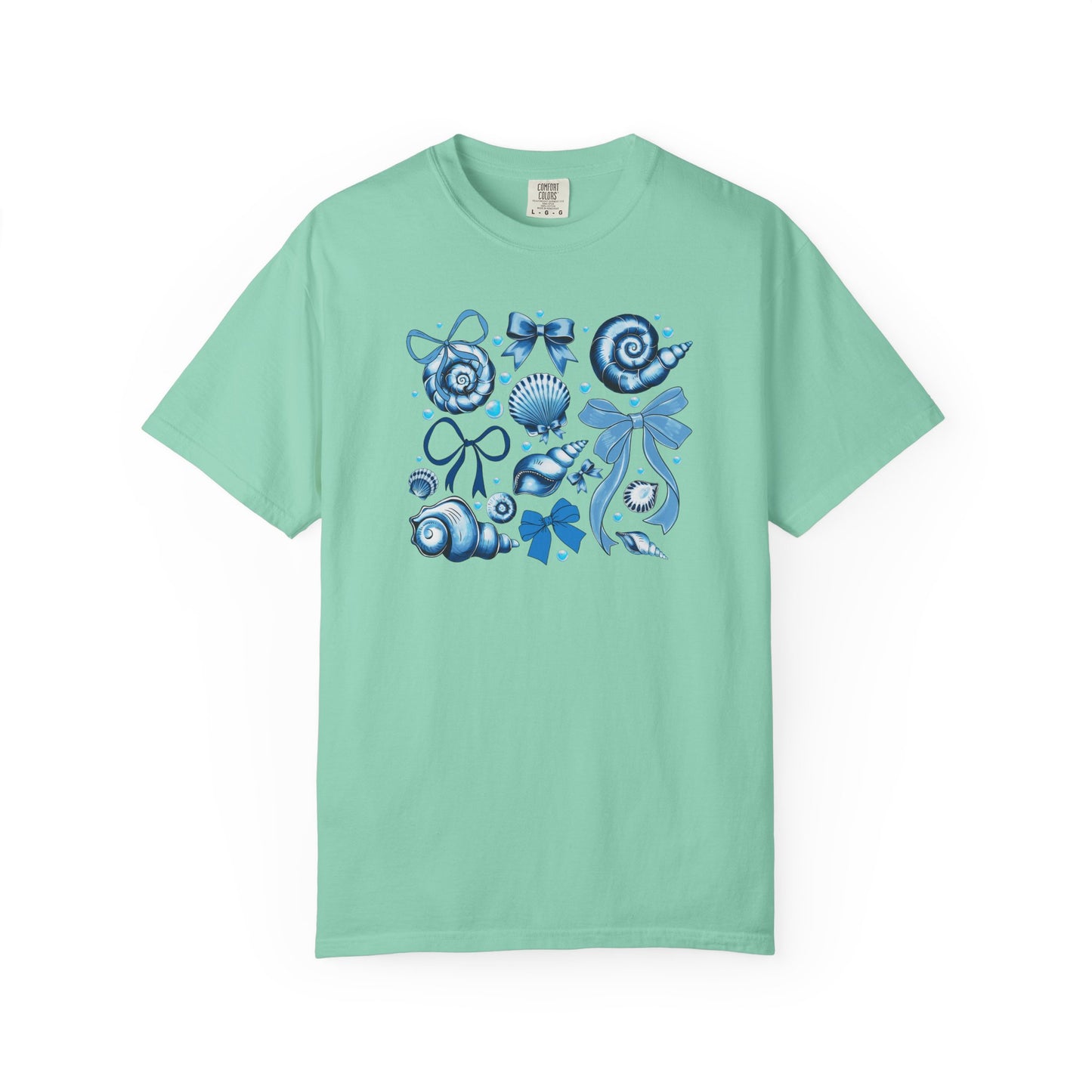 Blue Seashell and Ribbon Clipart Tshirt | Nautical Bow and Shell Illustration | Ocean-Themed PNG Tshirt