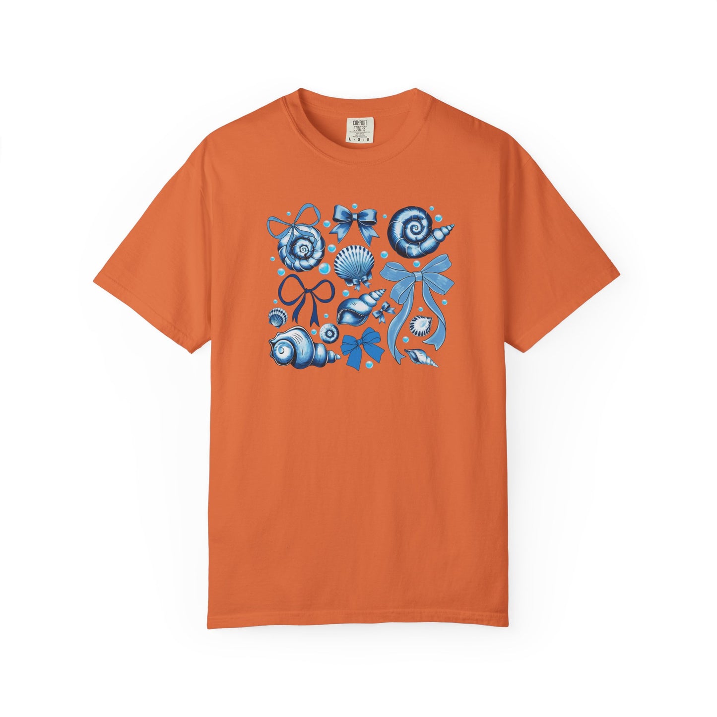 Blue Seashell and Ribbon Clipart Tshirt | Nautical Bow and Shell Illustration | Ocean-Themed PNG Tshirt