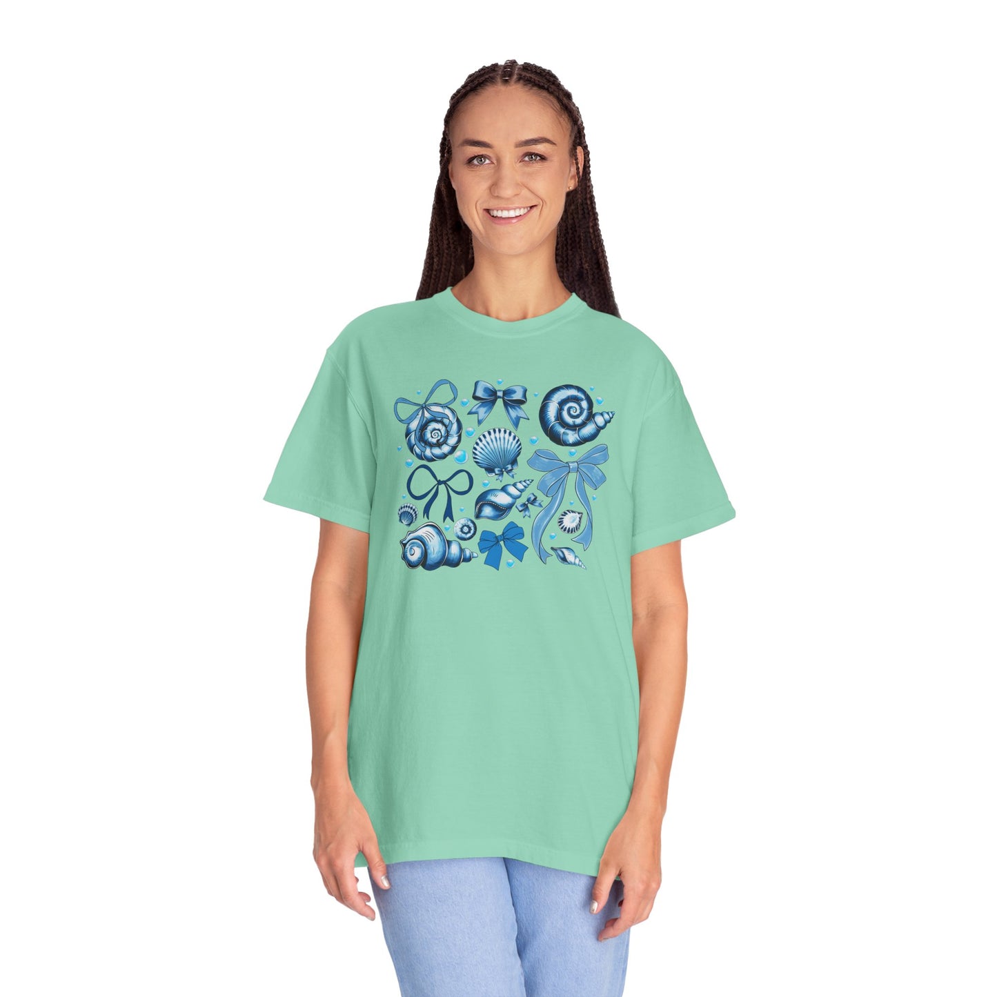 Blue Seashell and Ribbon Clipart Tshirt | Nautical Bow and Shell Illustration | Ocean-Themed PNG Tshirt