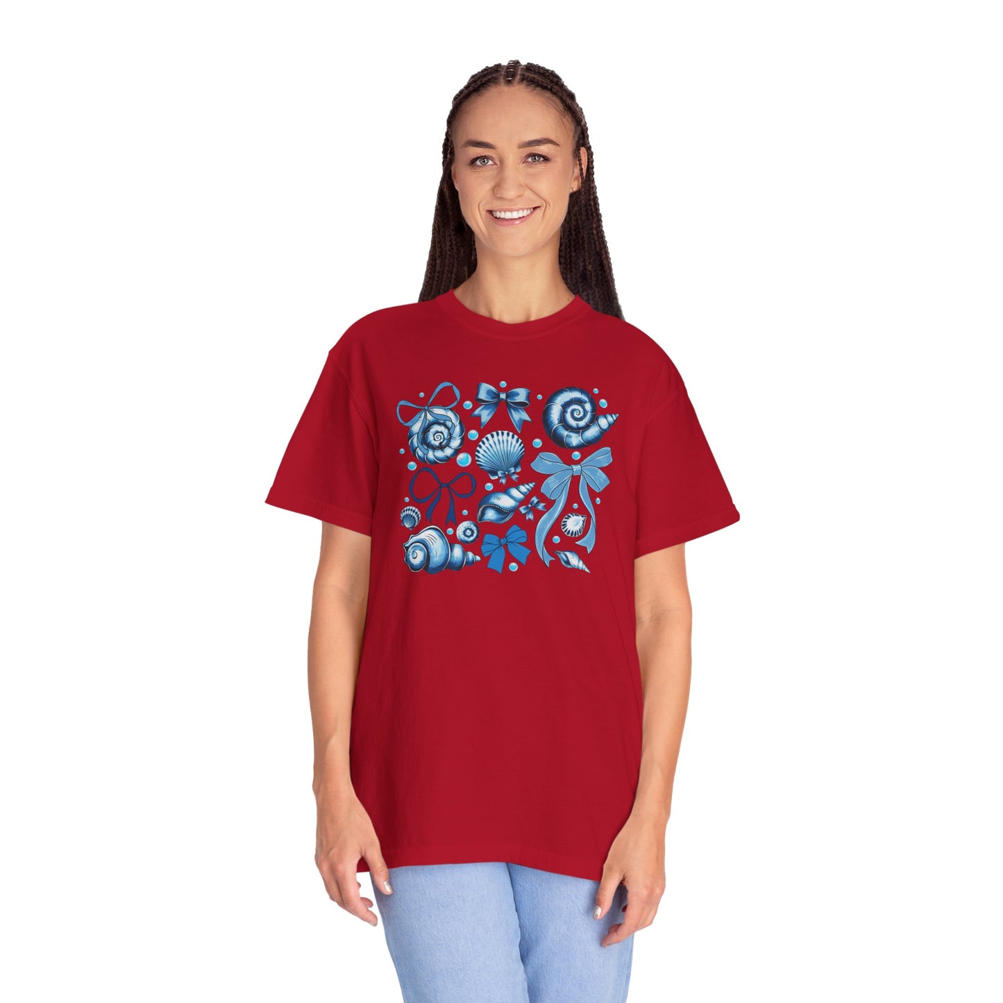 Blue Seashell and Ribbon Clipart Tshirt | Nautical Bow and Shell Illustration | Ocean-Themed PNG Tshirt