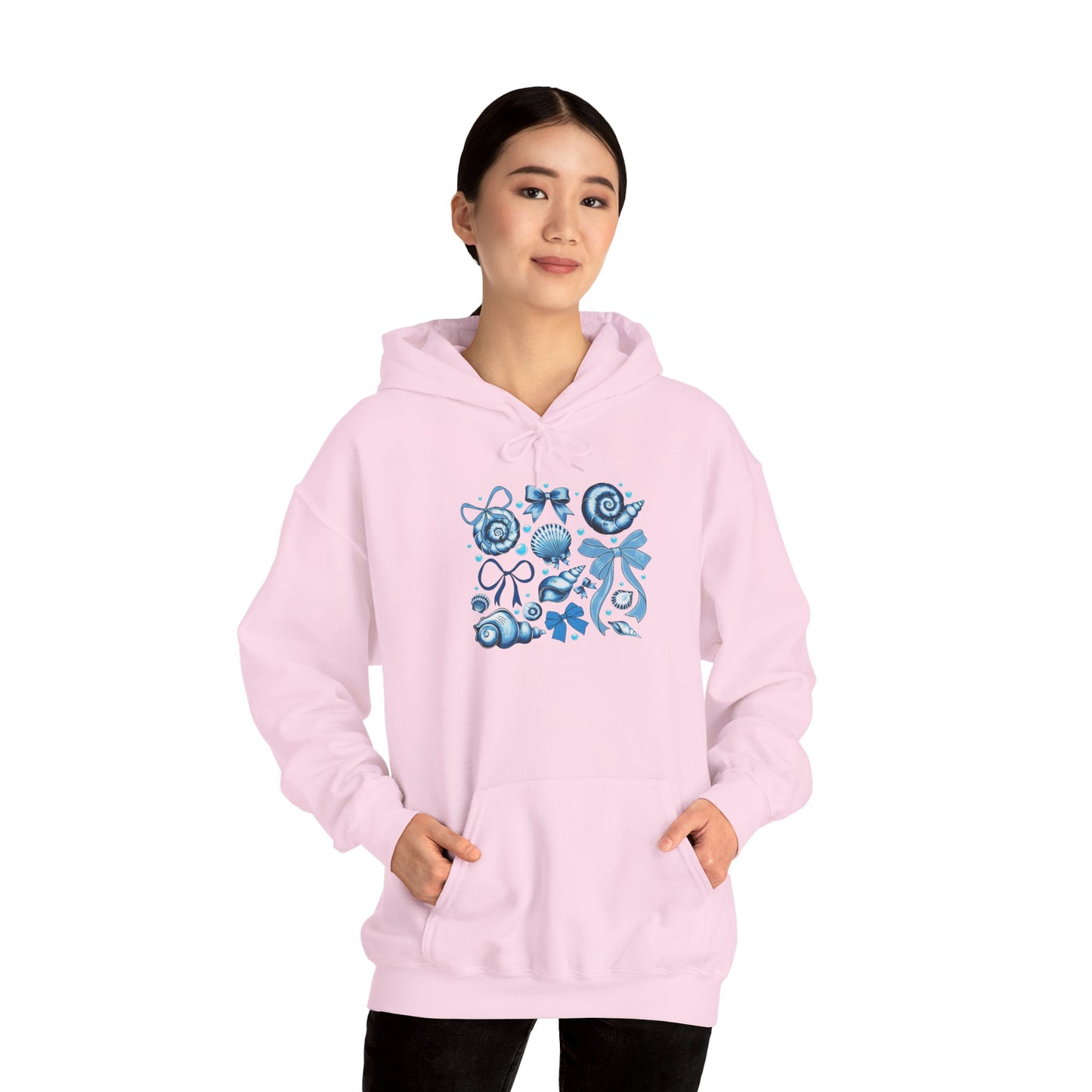 Blue Seashell and Ribbon Clipa Hoodie Art Nautical Bow and Shell Illustration | Ocean-Themed PNG Hoodie