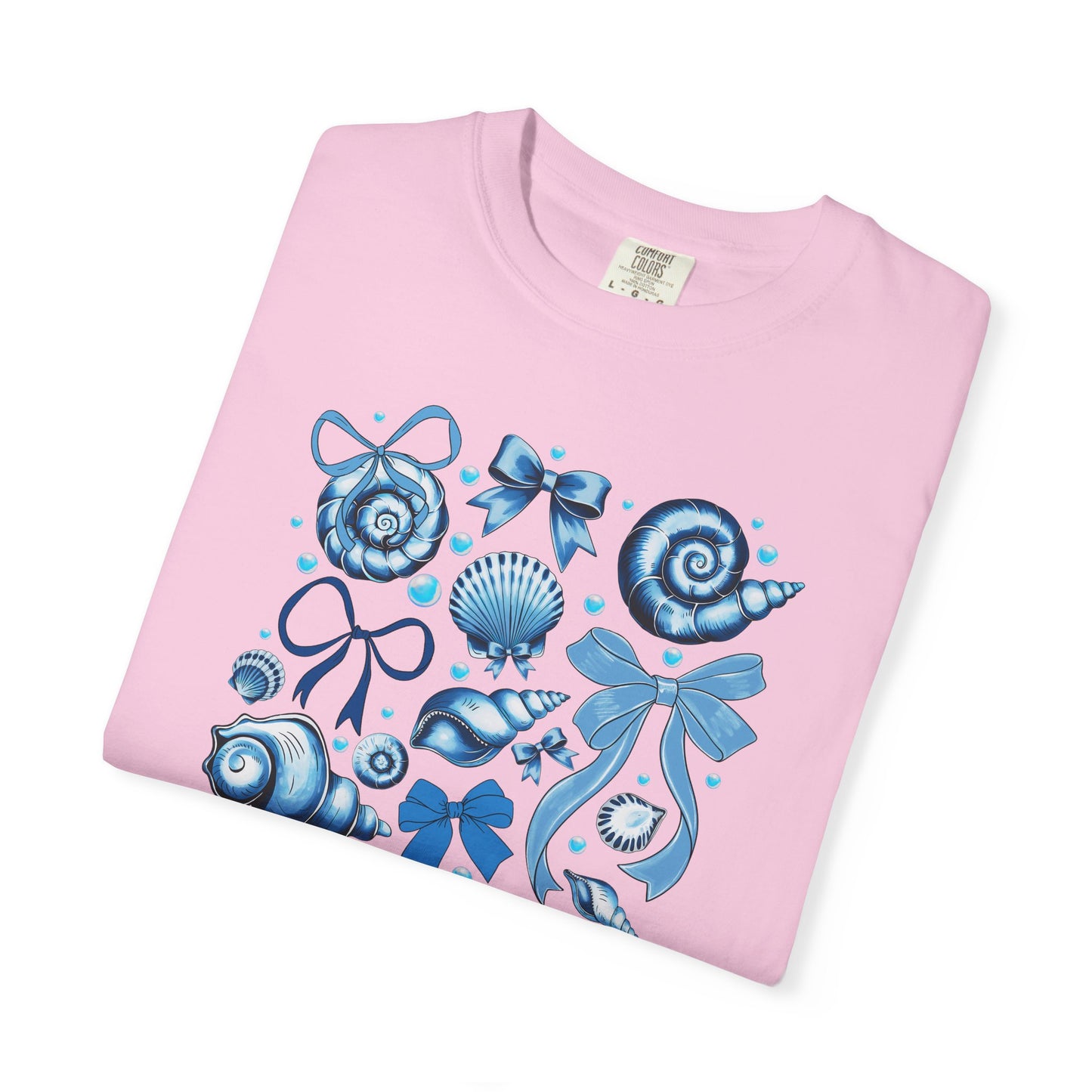 Blue Seashell and Ribbon Clipart Tshirt | Nautical Bow and Shell Illustration | Ocean-Themed PNG Tshirt