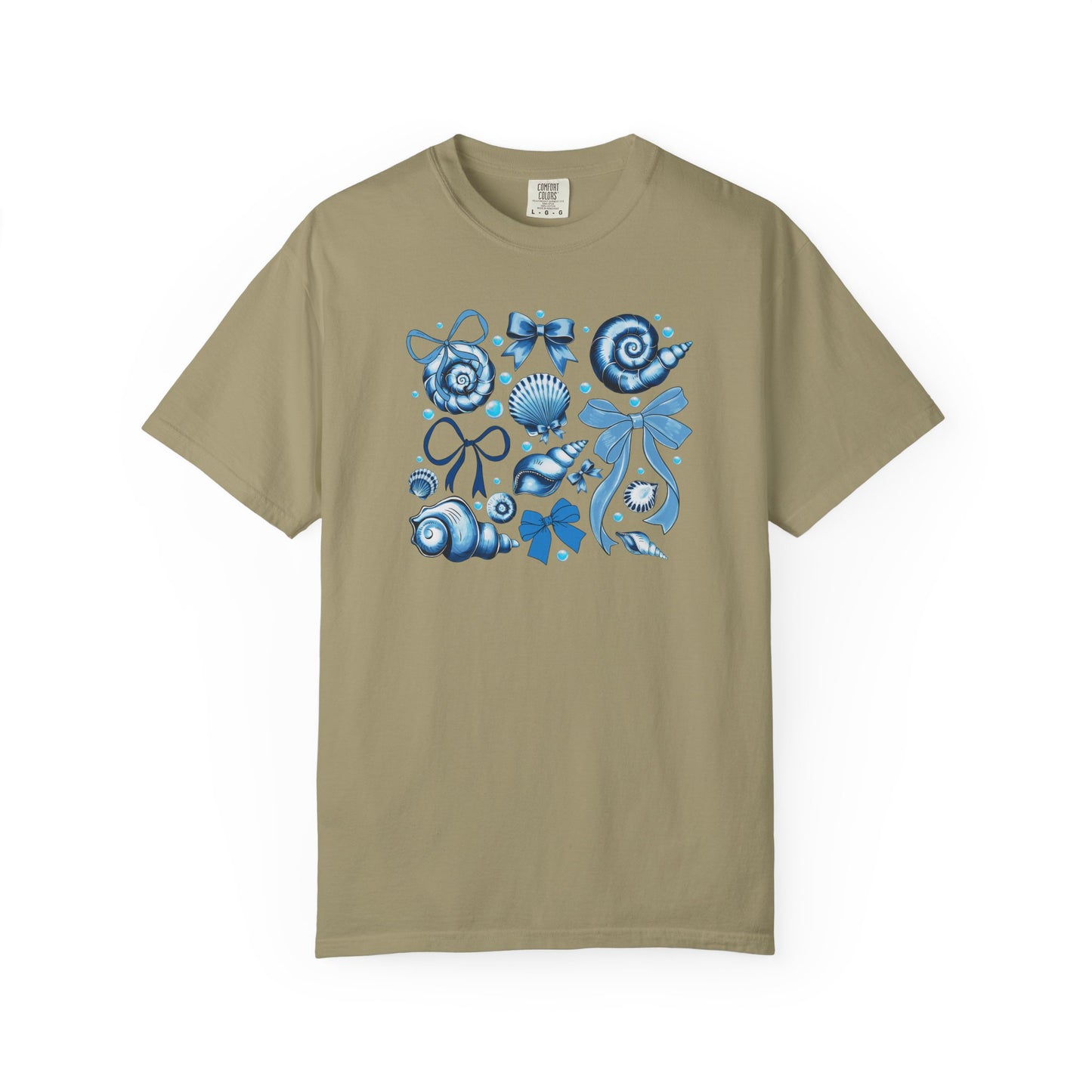 Blue Seashell and Ribbon Clipart Tshirt | Nautical Bow and Shell Illustration | Ocean-Themed PNG Tshirt