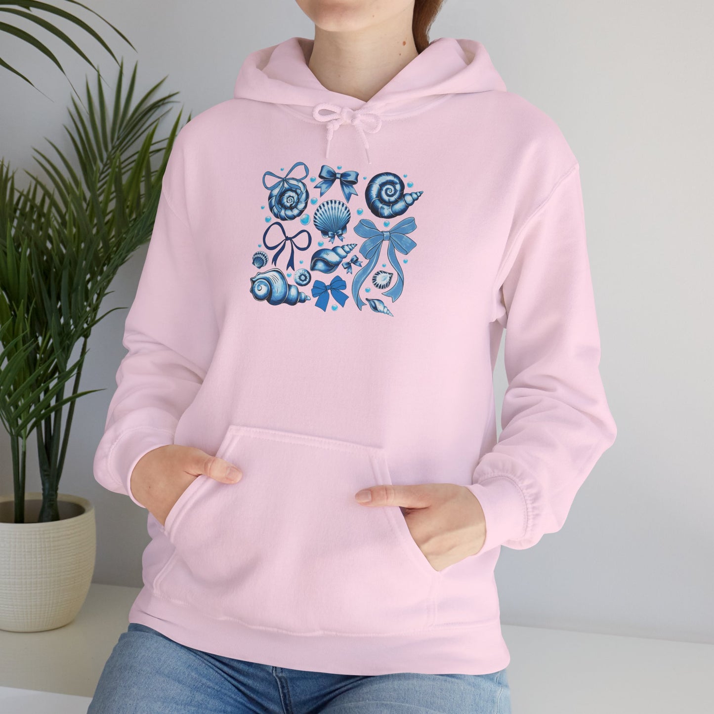 Blue Seashell and Ribbon Clipa Hoodie Art Nautical Bow and Shell Illustration | Ocean-Themed PNG Hoodie