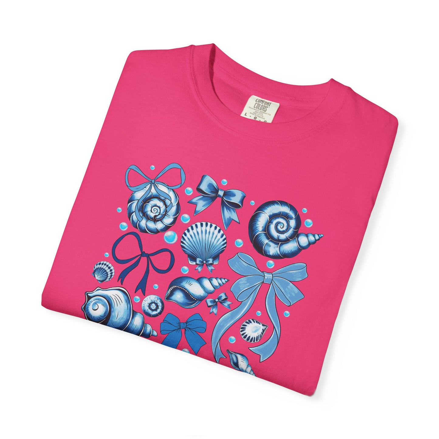 Blue Seashell and Ribbon Clipart Tshirt | Nautical Bow and Shell Illustration | Ocean-Themed PNG Tshirt