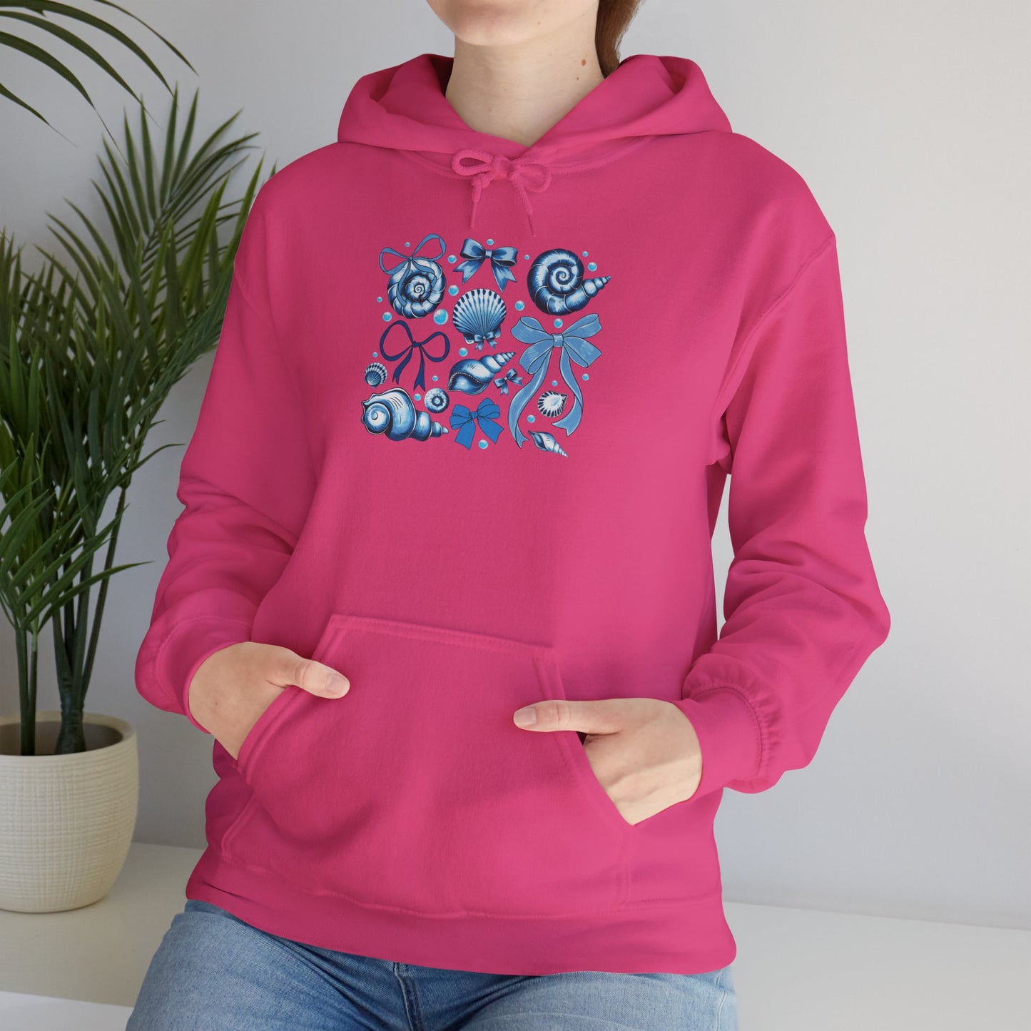 Blue Seashell and Ribbon Clipa Hoodie Art Nautical Bow and Shell Illustration | Ocean-Themed PNG Hoodie