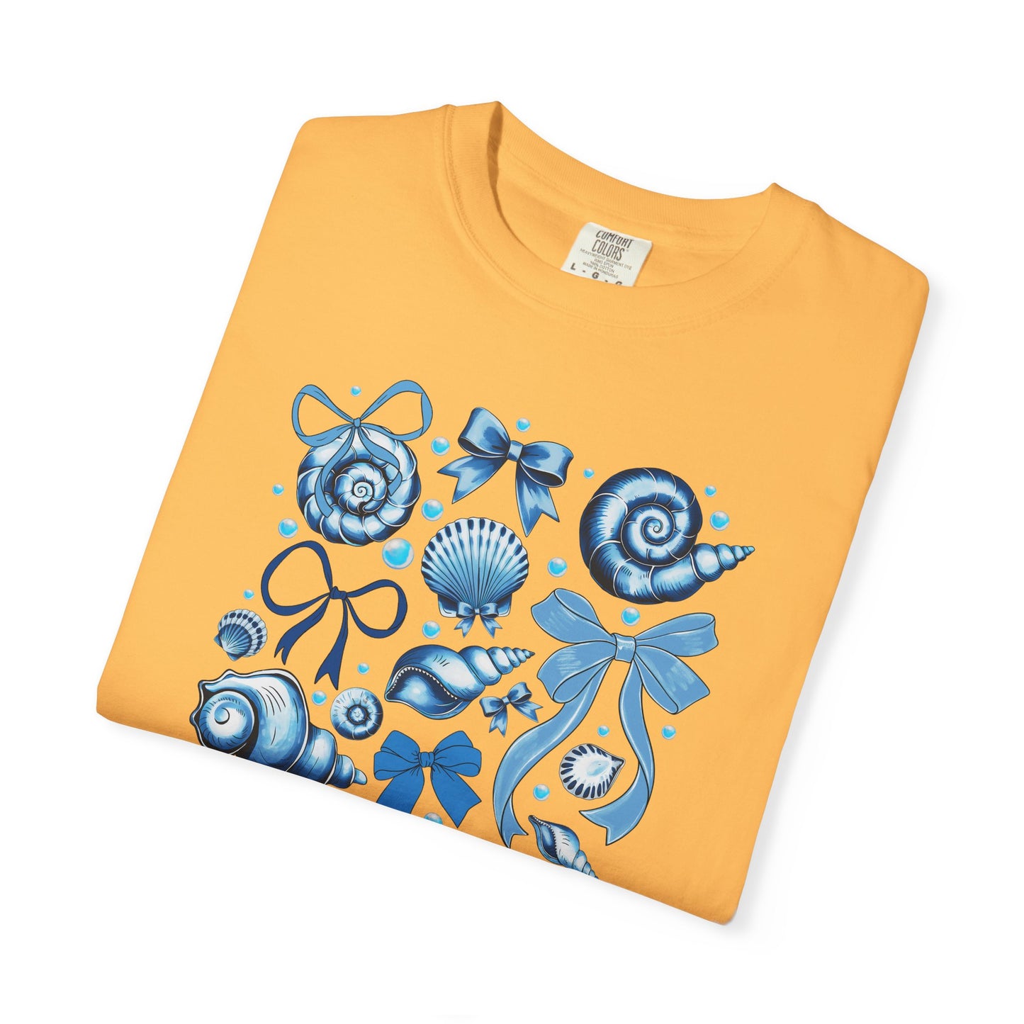 Blue Seashell and Ribbon Clipart Tshirt | Nautical Bow and Shell Illustration | Ocean-Themed PNG Tshirt