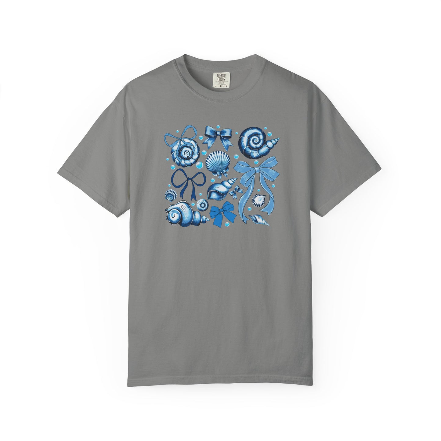 Blue Seashell and Ribbon Clipart Tshirt | Nautical Bow and Shell Illustration | Ocean-Themed PNG Tshirt