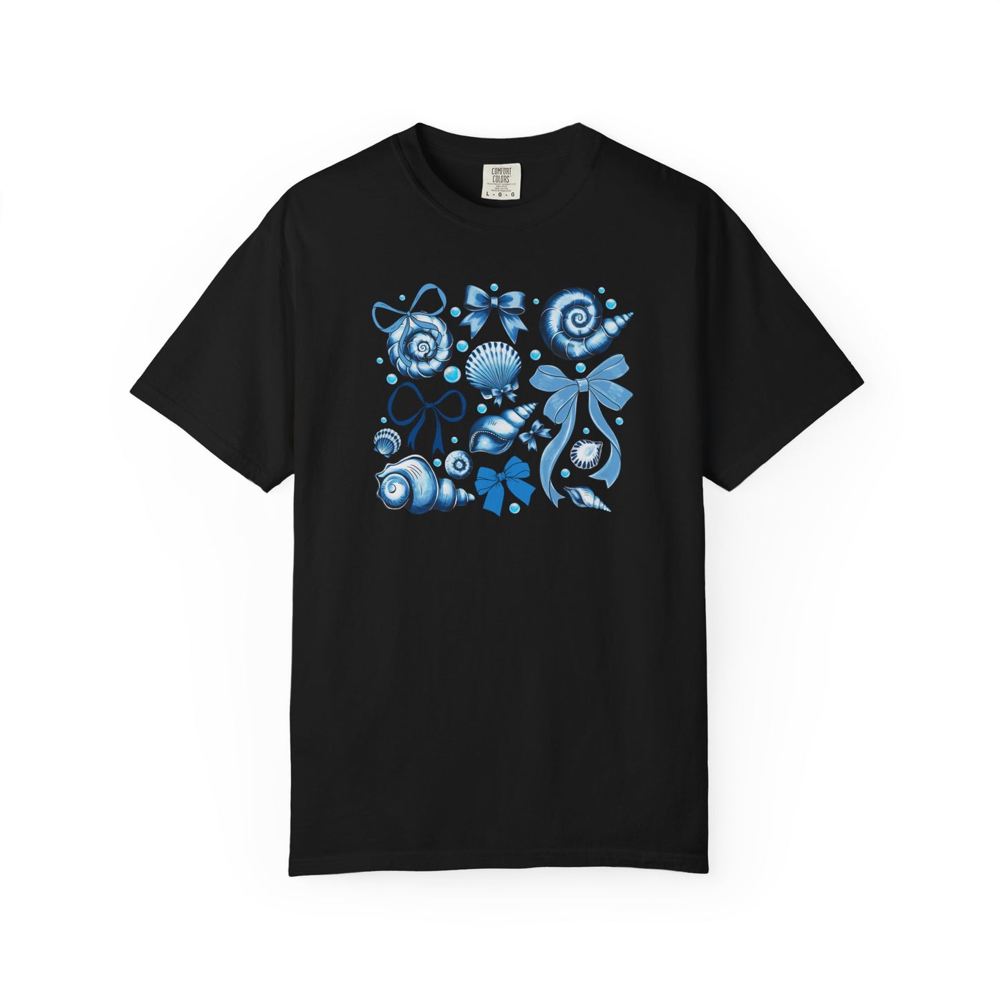 Blue Seashell and Ribbon Clipart Tshirt | Nautical Bow and Shell Illustration | Ocean-Themed PNG Tshirt