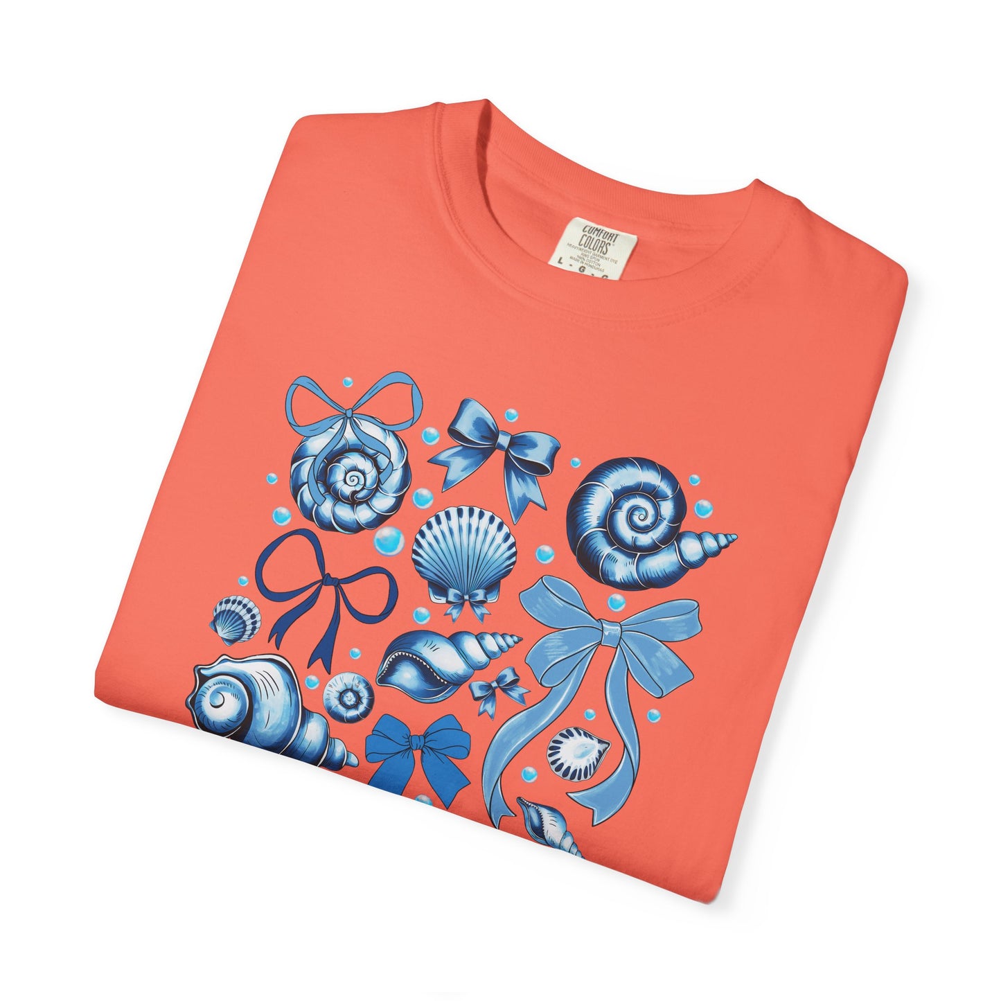 Blue Seashell and Ribbon Clipart Tshirt | Nautical Bow and Shell Illustration | Ocean-Themed PNG Tshirt