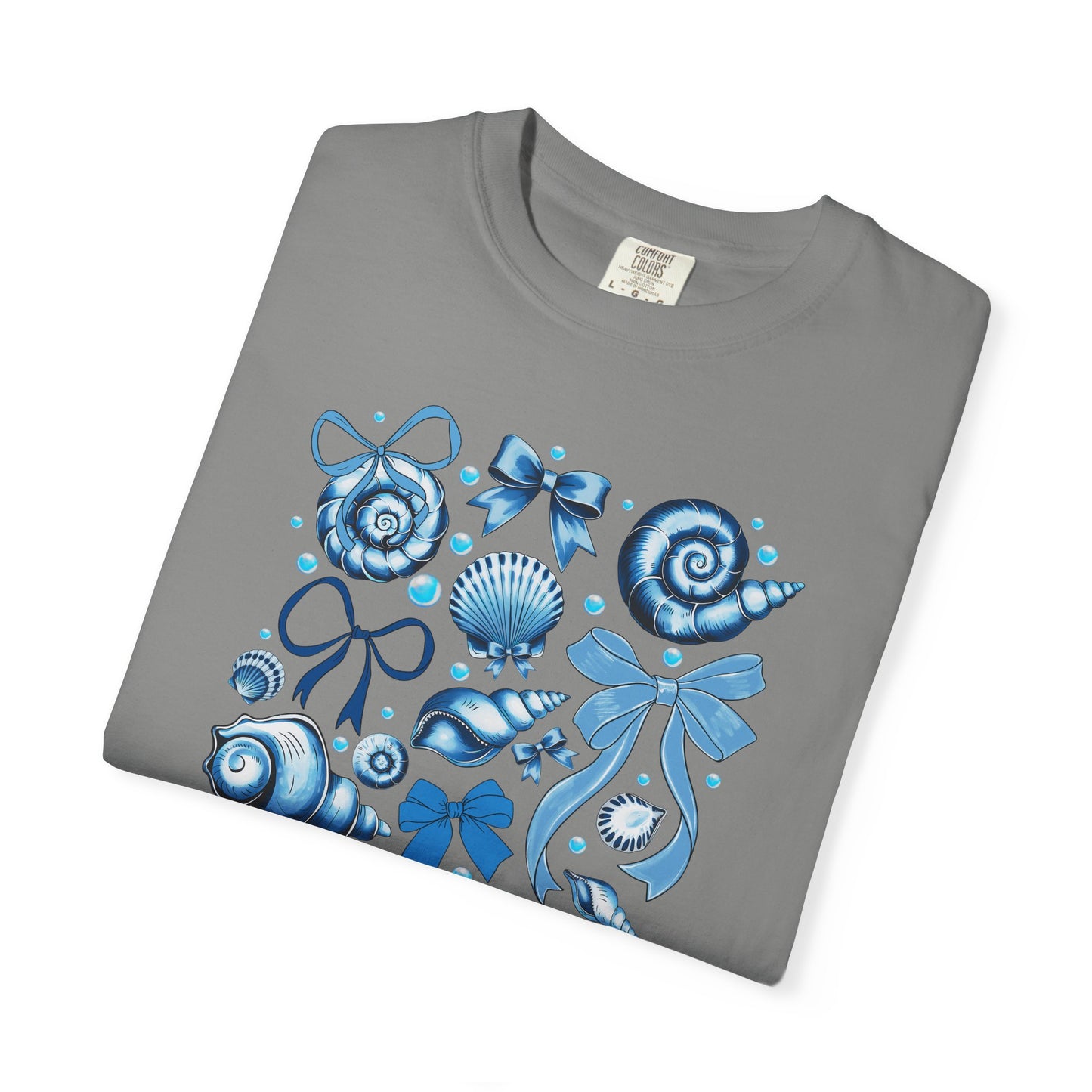 Blue Seashell and Ribbon Clipart Tshirt | Nautical Bow and Shell Illustration | Ocean-Themed PNG Tshirt