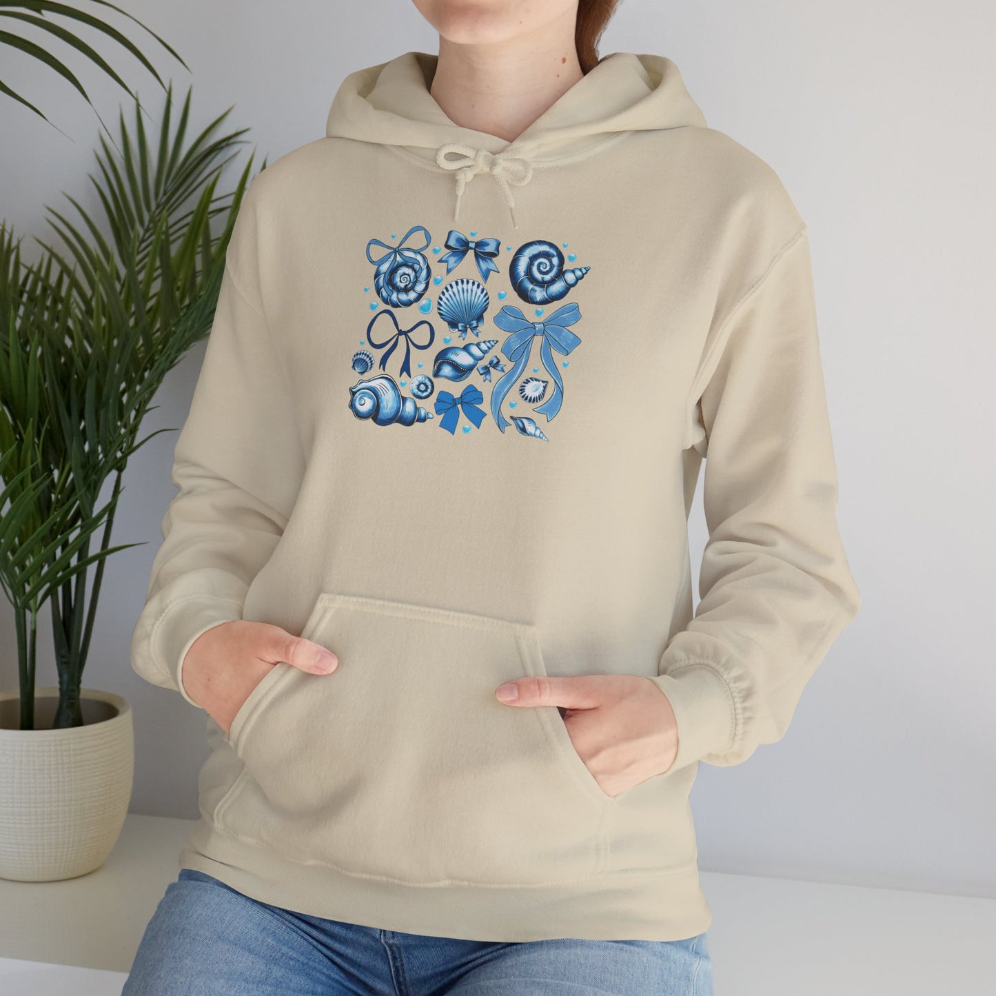 Blue Seashell and Ribbon Clipa Hoodie Art Nautical Bow and Shell Illustration | Ocean-Themed PNG Hoodie