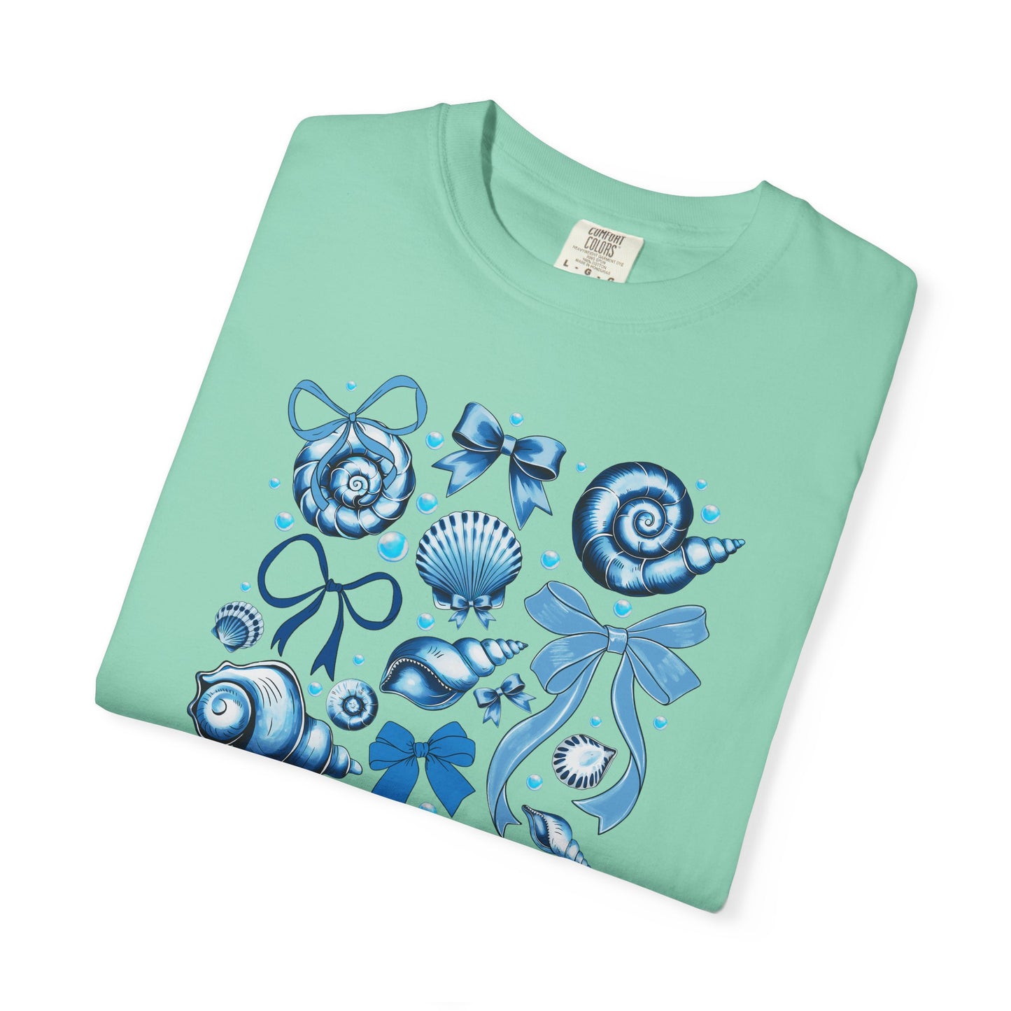 Blue Seashell and Ribbon Clipart Tshirt | Nautical Bow and Shell Illustration | Ocean-Themed PNG Tshirt