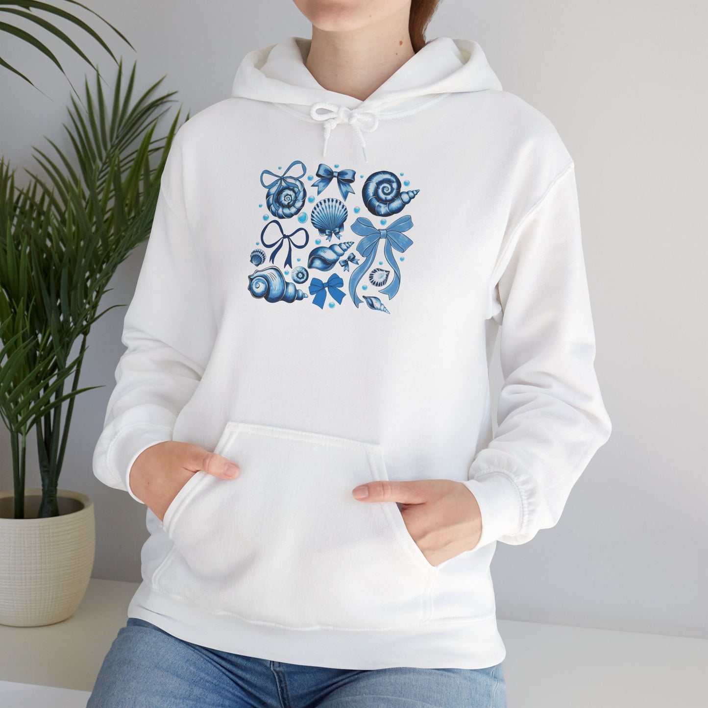 Blue Seashell and Ribbon Clipa Hoodie Art Nautical Bow and Shell Illustration | Ocean-Themed PNG Hoodie