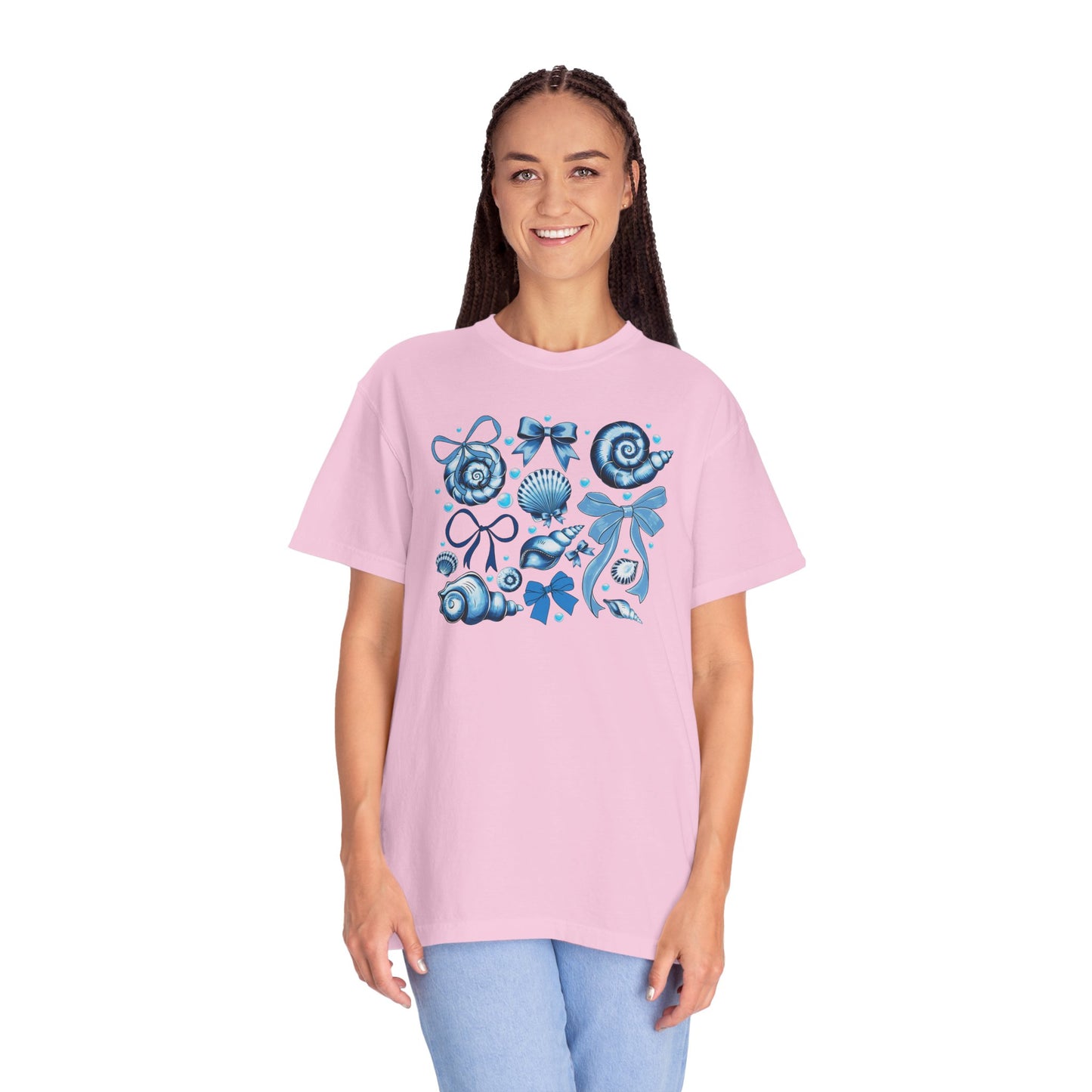 Blue Seashell and Ribbon Clipart Tshirt | Nautical Bow and Shell Illustration | Ocean-Themed PNG Tshirt