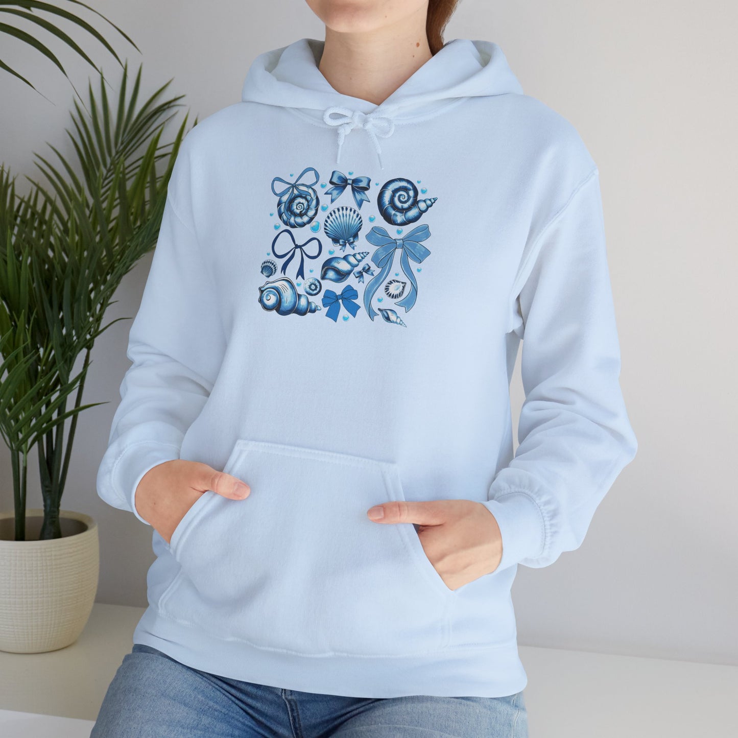 Blue Seashell and Ribbon Clipa Hoodie Art Nautical Bow and Shell Illustration | Ocean-Themed PNG Hoodie