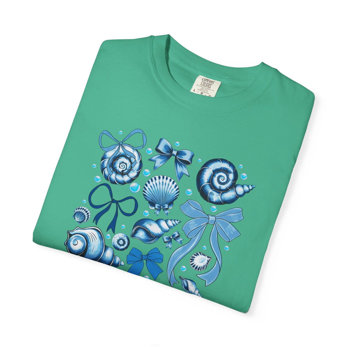 Blue Seashell and Ribbon Clipart Tshirt | Nautical Bow and Shell Illustration | Ocean-Themed PNG Tshirt