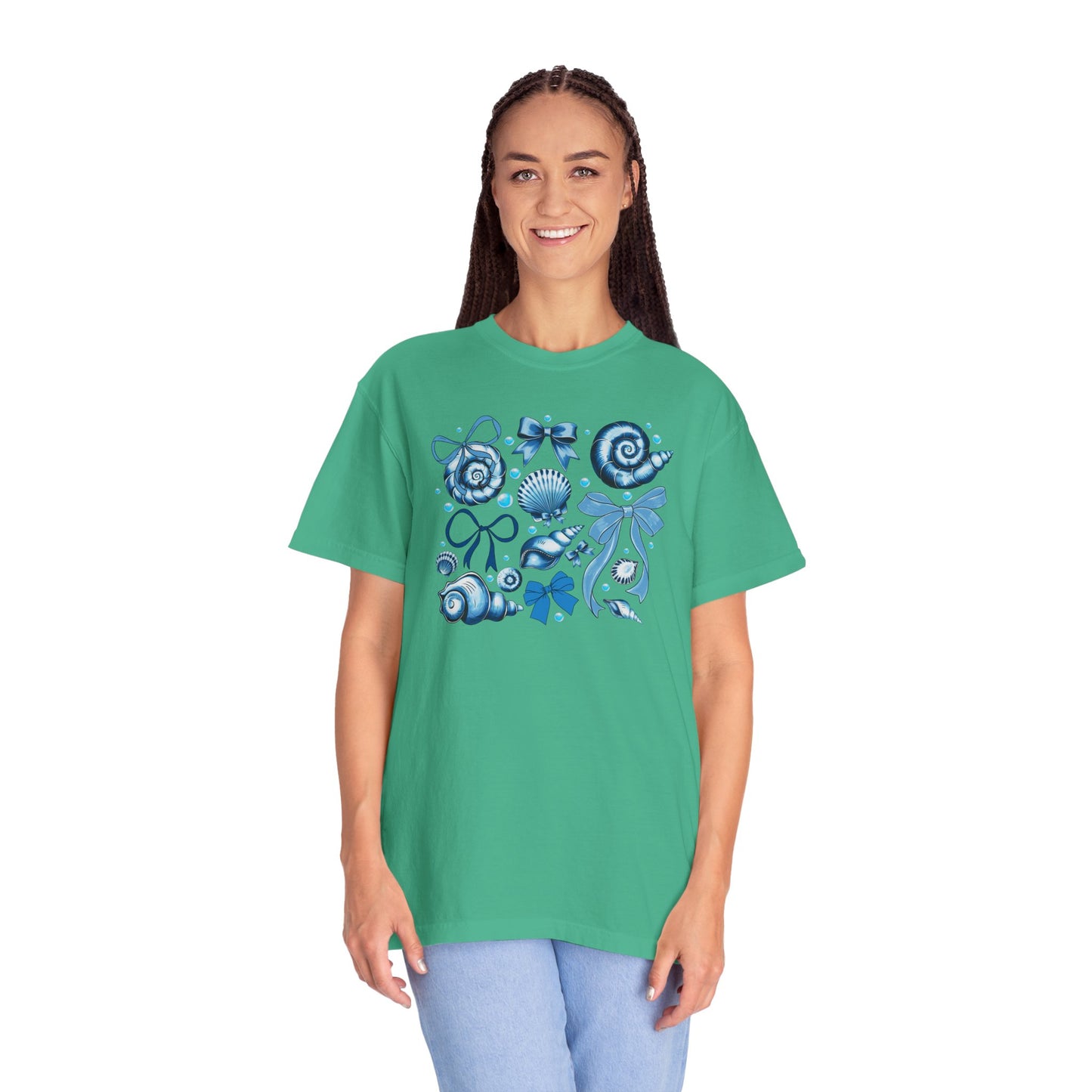 Blue Seashell and Ribbon Clipart Tshirt | Nautical Bow and Shell Illustration | Ocean-Themed PNG Tshirt