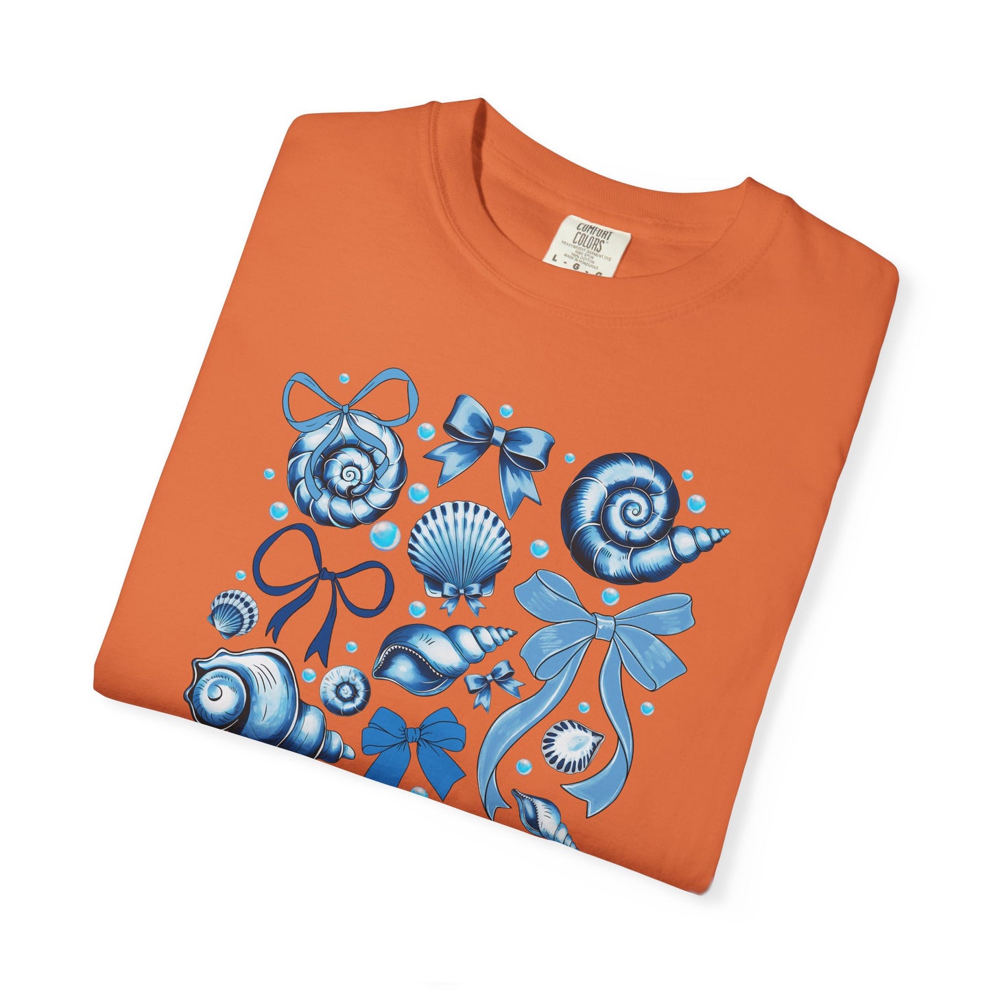 Blue Seashell and Ribbon Clipart Tshirt | Nautical Bow and Shell Illustration | Ocean-Themed PNG Tshirt