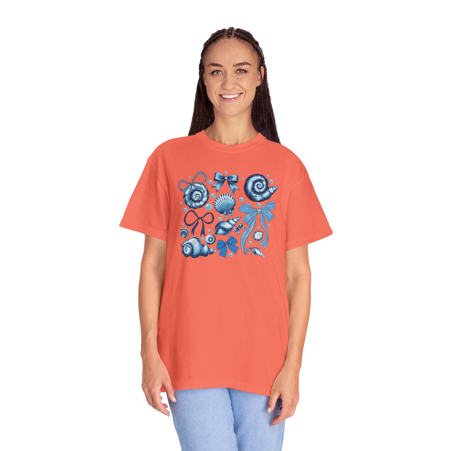 Blue Seashell and Ribbon Clipart Tshirt | Nautical Bow and Shell Illustration | Ocean-Themed PNG Tshirt