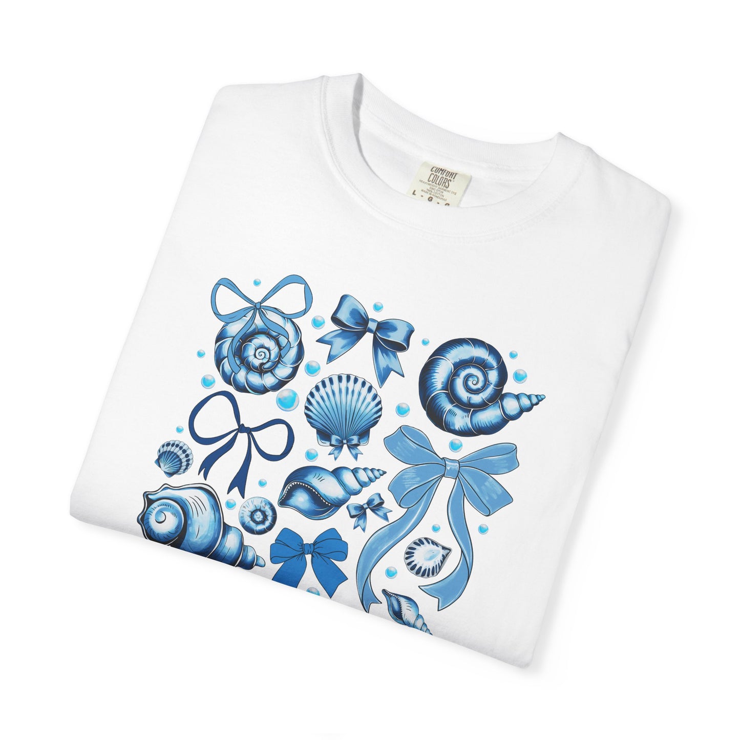 Blue Seashell and Ribbon Clipart Tshirt | Nautical Bow and Shell Illustration | Ocean-Themed PNG Tshirt