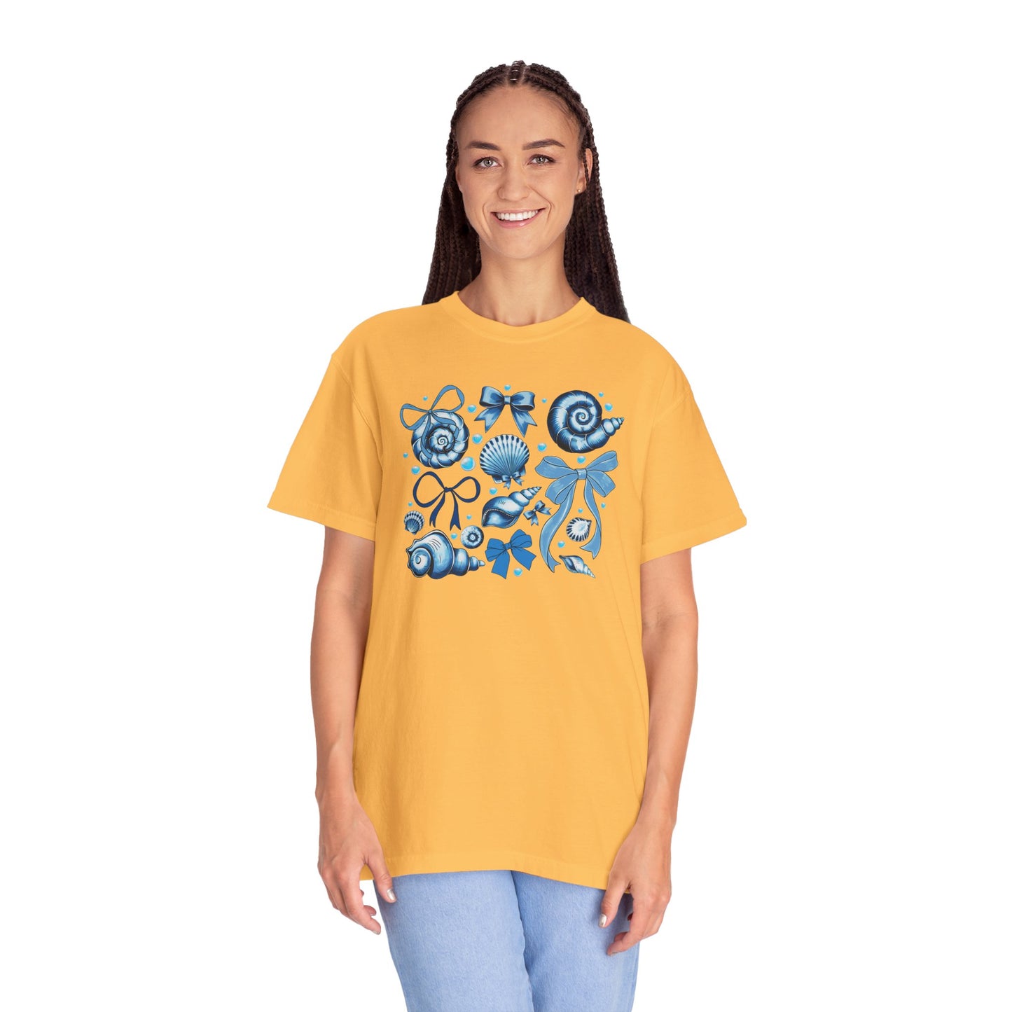 Blue Seashell and Ribbon Clipart Tshirt | Nautical Bow and Shell Illustration | Ocean-Themed PNG Tshirt