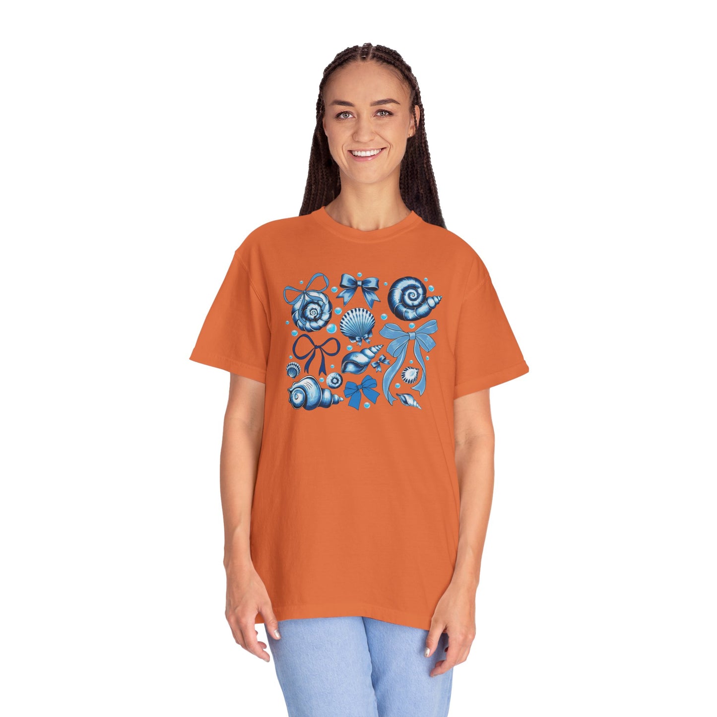 Blue Seashell and Ribbon Clipart Tshirt | Nautical Bow and Shell Illustration | Ocean-Themed PNG Tshirt