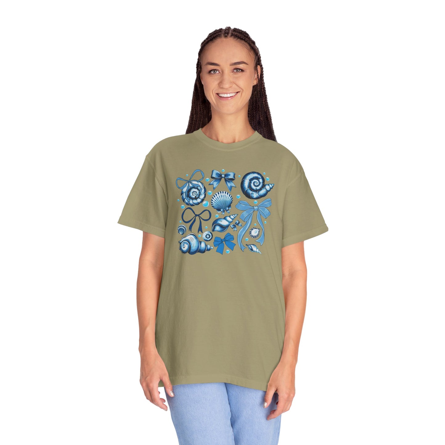 Blue Seashell and Ribbon Clipart Tshirt | Nautical Bow and Shell Illustration | Ocean-Themed PNG Tshirt