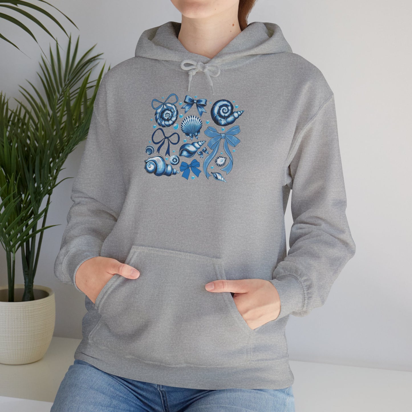 Blue Seashell and Ribbon Clipa Hoodie Art Nautical Bow and Shell Illustration | Ocean-Themed PNG Hoodie