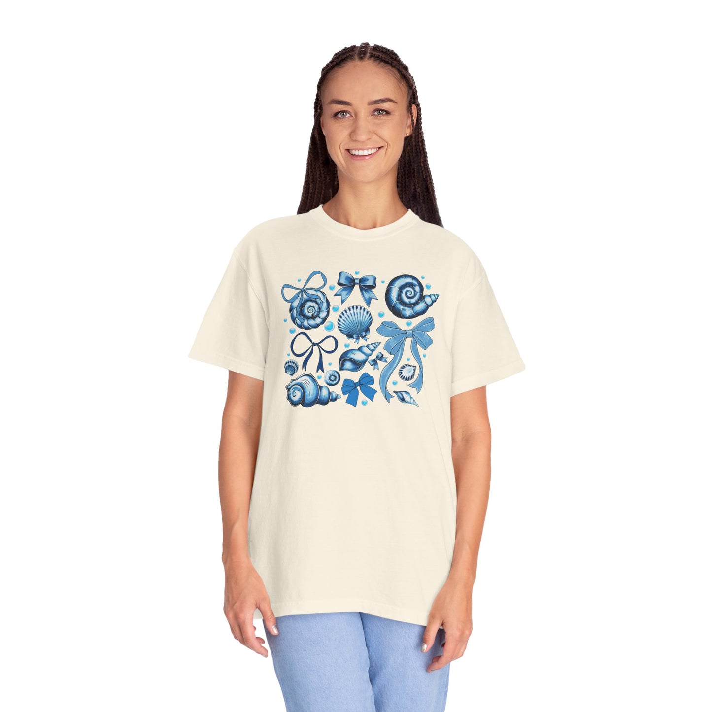 Blue Seashell and Ribbon Clipart Tshirt | Nautical Bow and Shell Illustration | Ocean-Themed PNG Tshirt