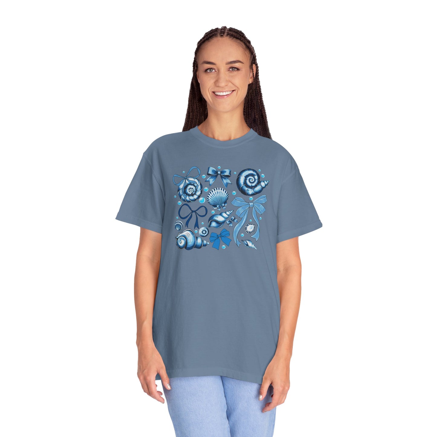 Blue Seashell and Ribbon Clipart Tshirt | Nautical Bow and Shell Illustration | Ocean-Themed PNG Tshirt