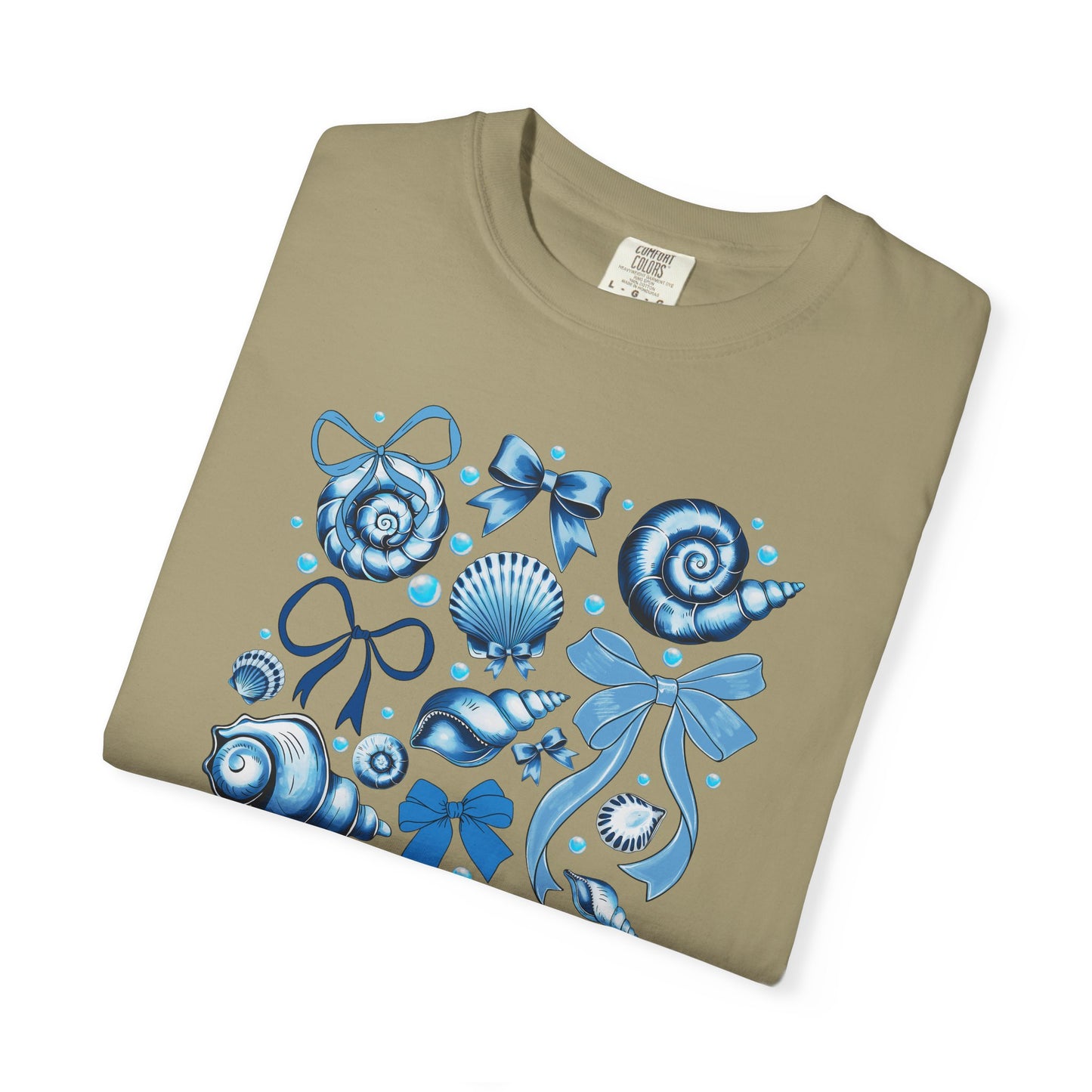 Blue Seashell and Ribbon Clipart Tshirt | Nautical Bow and Shell Illustration | Ocean-Themed PNG Tshirt