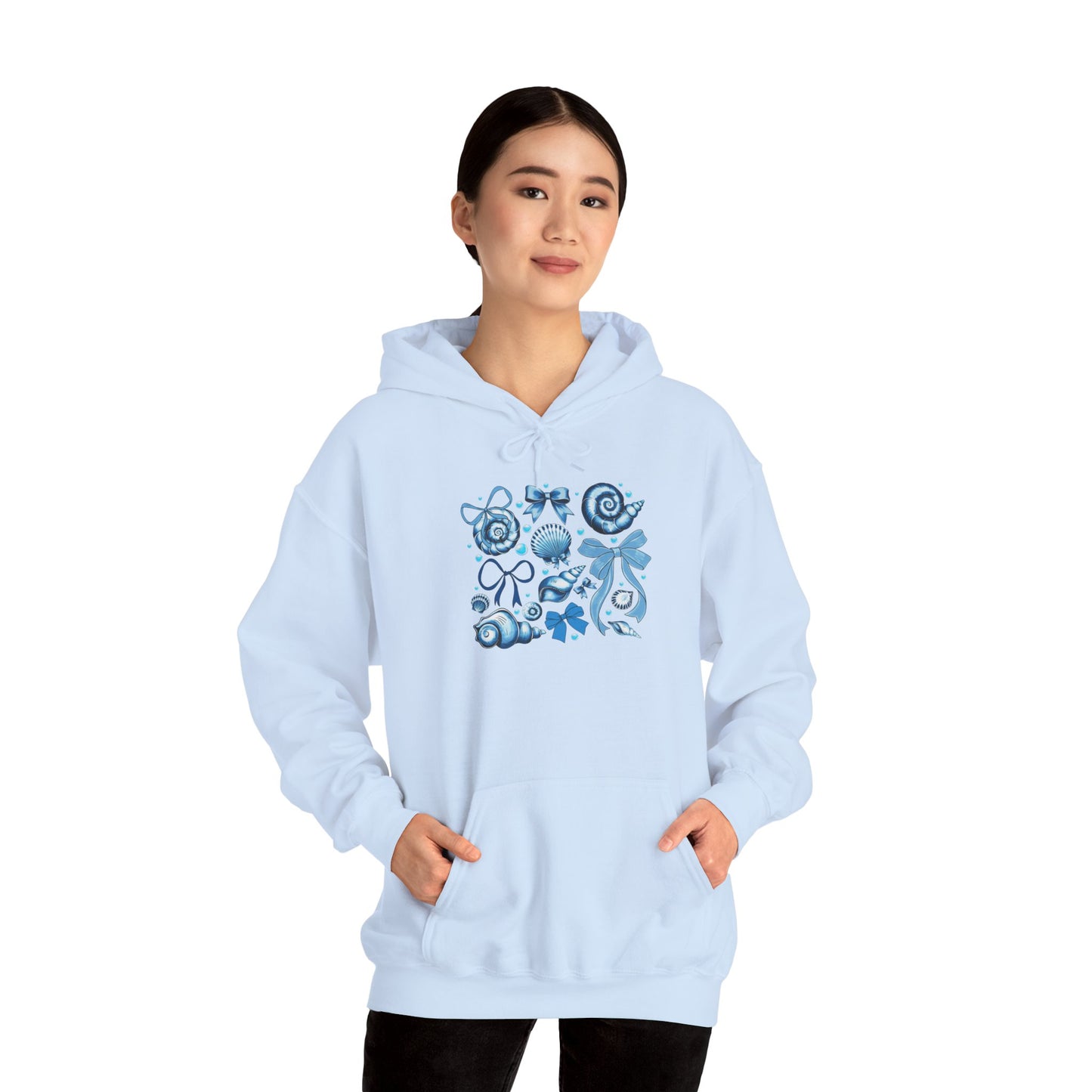 Blue Seashell and Ribbon Clipa Hoodie Art Nautical Bow and Shell Illustration | Ocean-Themed PNG Hoodie