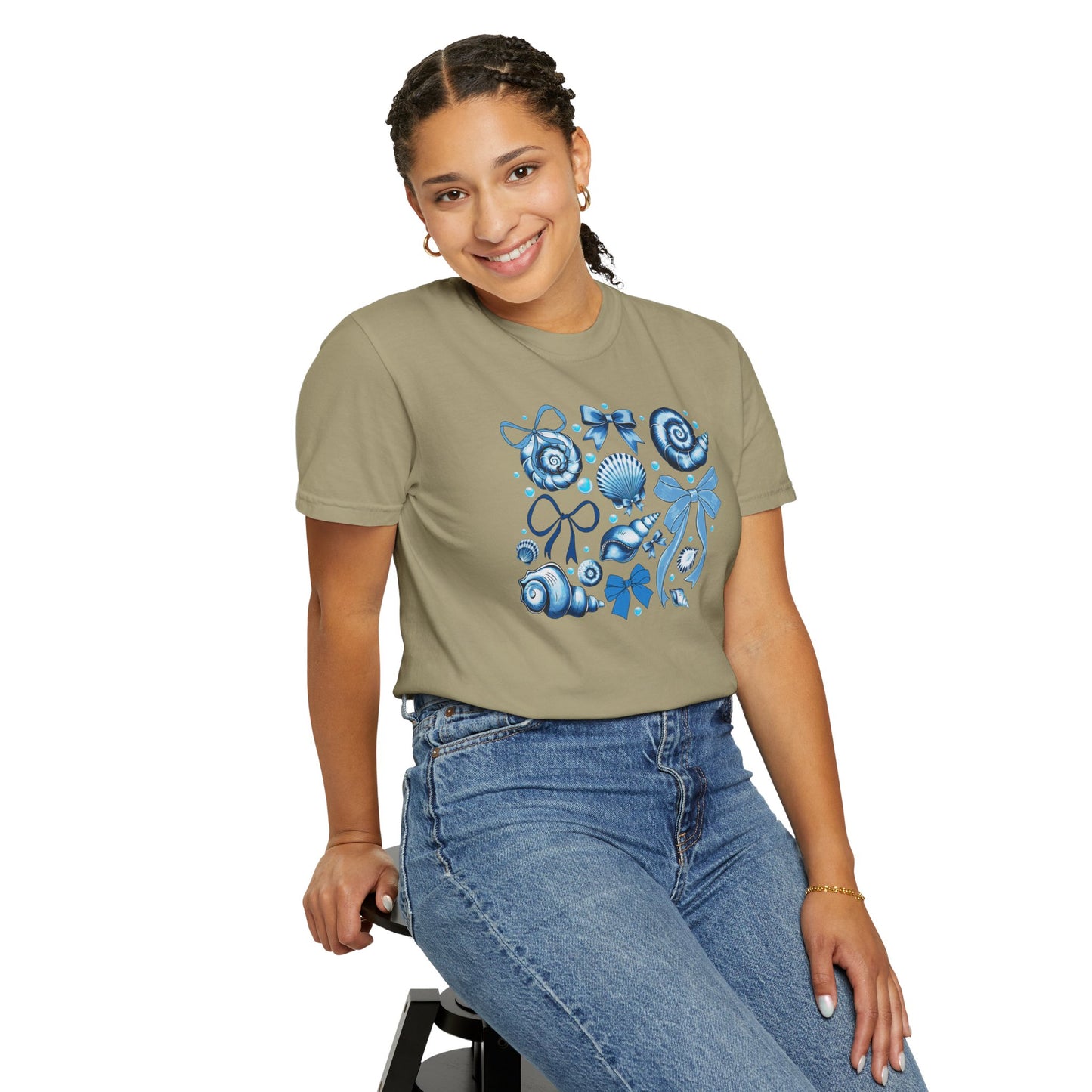 Blue Seashell and Ribbon Clipart Tshirt | Nautical Bow and Shell Illustration | Ocean-Themed PNG Tshirt