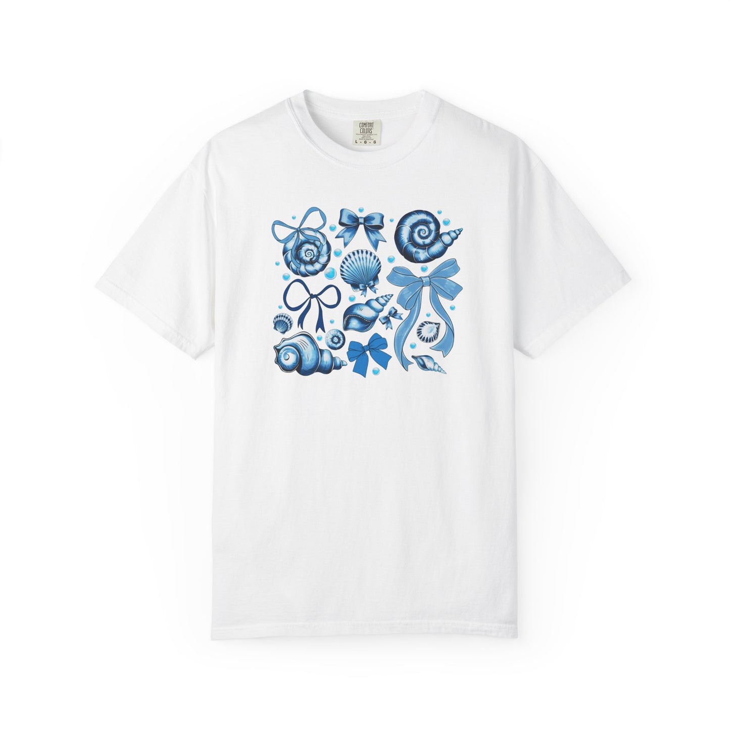 Blue Seashell and Ribbon Clipart Tshirt | Nautical Bow and Shell Illustration | Ocean-Themed PNG Tshirt