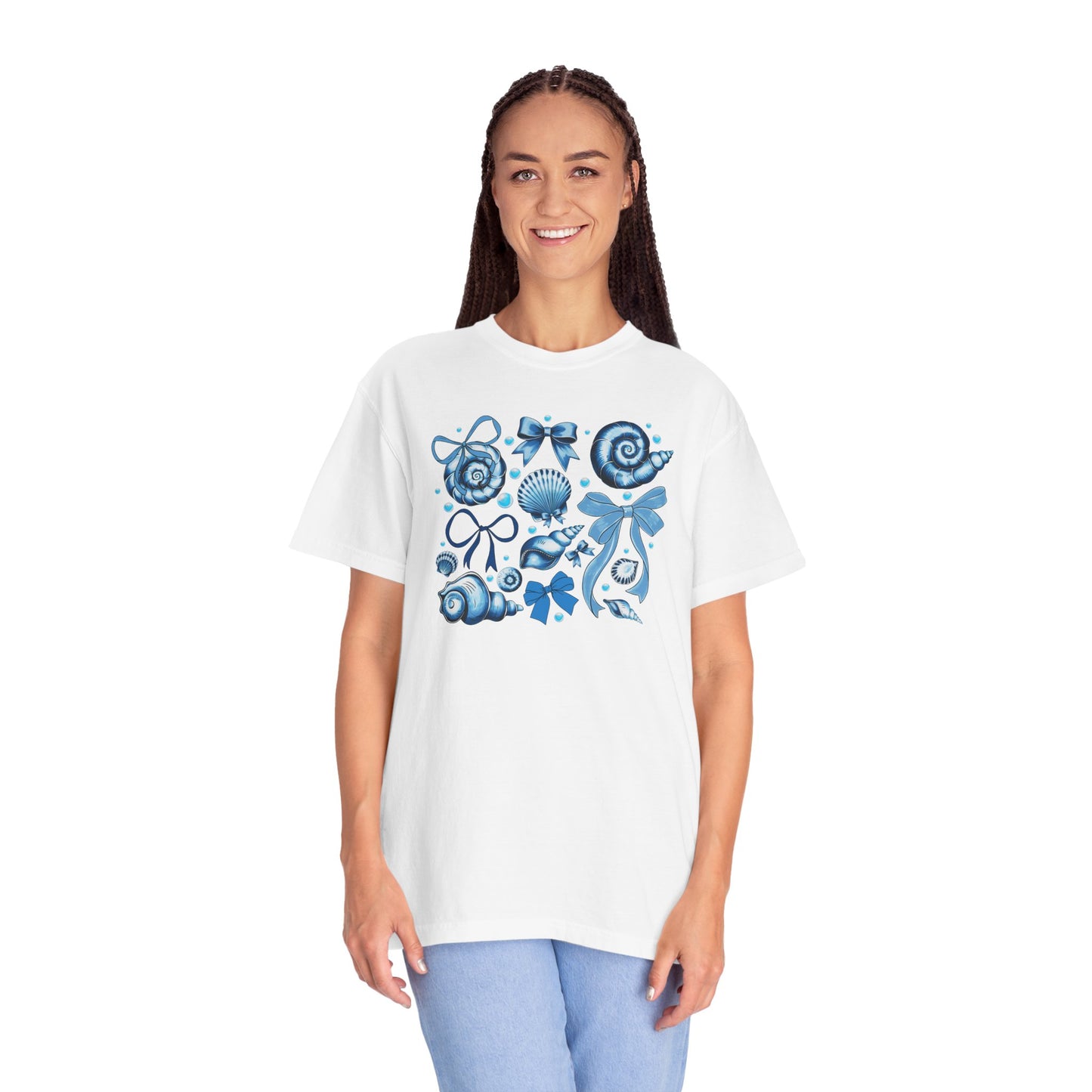 Blue Seashell and Ribbon Clipart Tshirt | Nautical Bow and Shell Illustration | Ocean-Themed PNG Tshirt